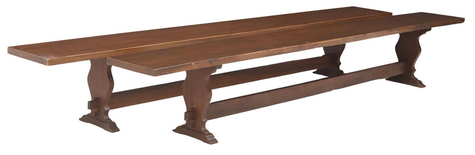 (2) MAHOGANY SINGLE-BOARD TOP TRESTLE BENCHES, 117"L (1 of 4)