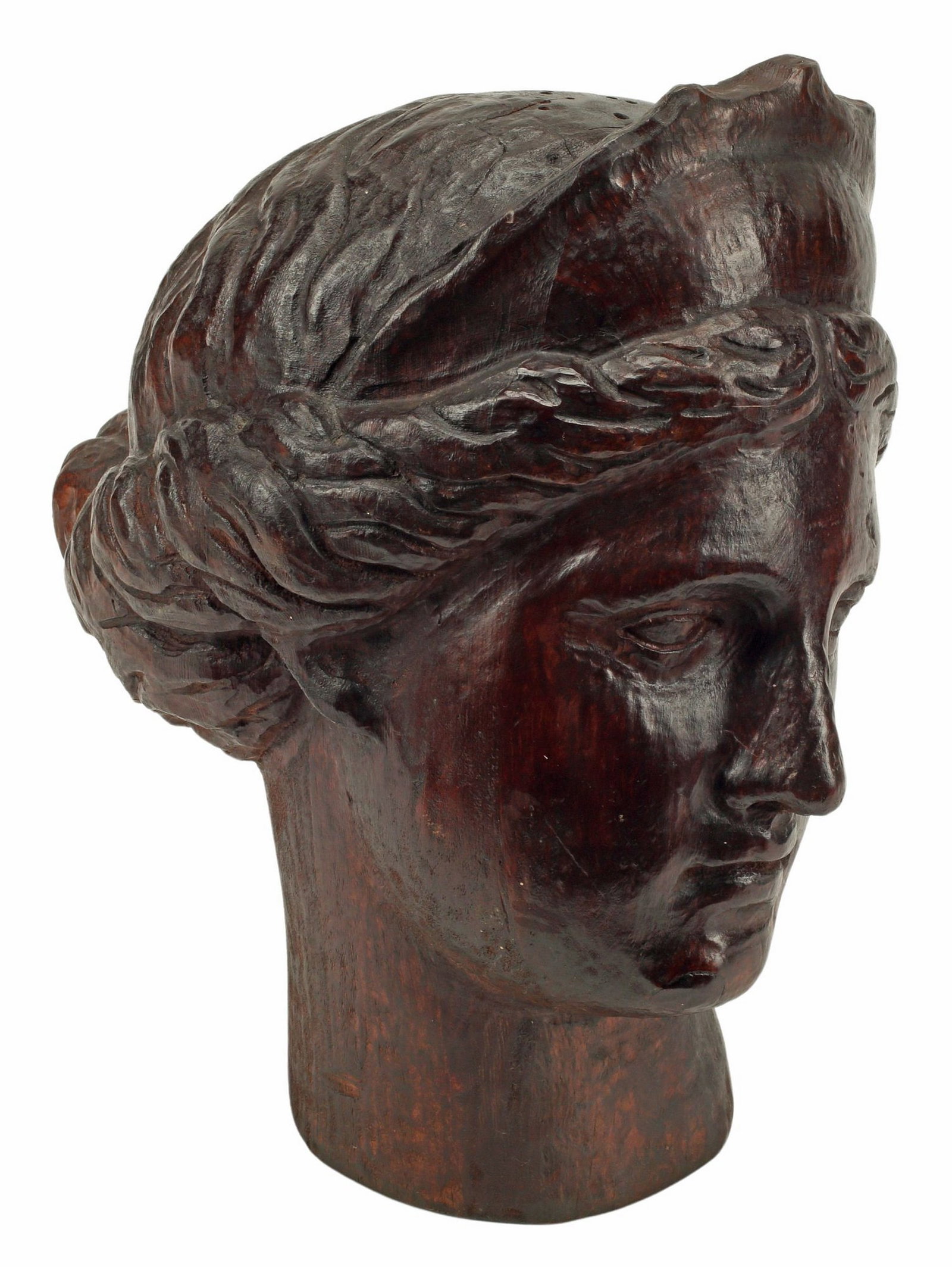 NEOCLASSICAL STYLE CARVED WOOD BUST OF DIANA: Neoclassical style carved wood bust of Artemis/ Diana, after the antique, approx 14"h, 8"w, 10"d, 9lbs 