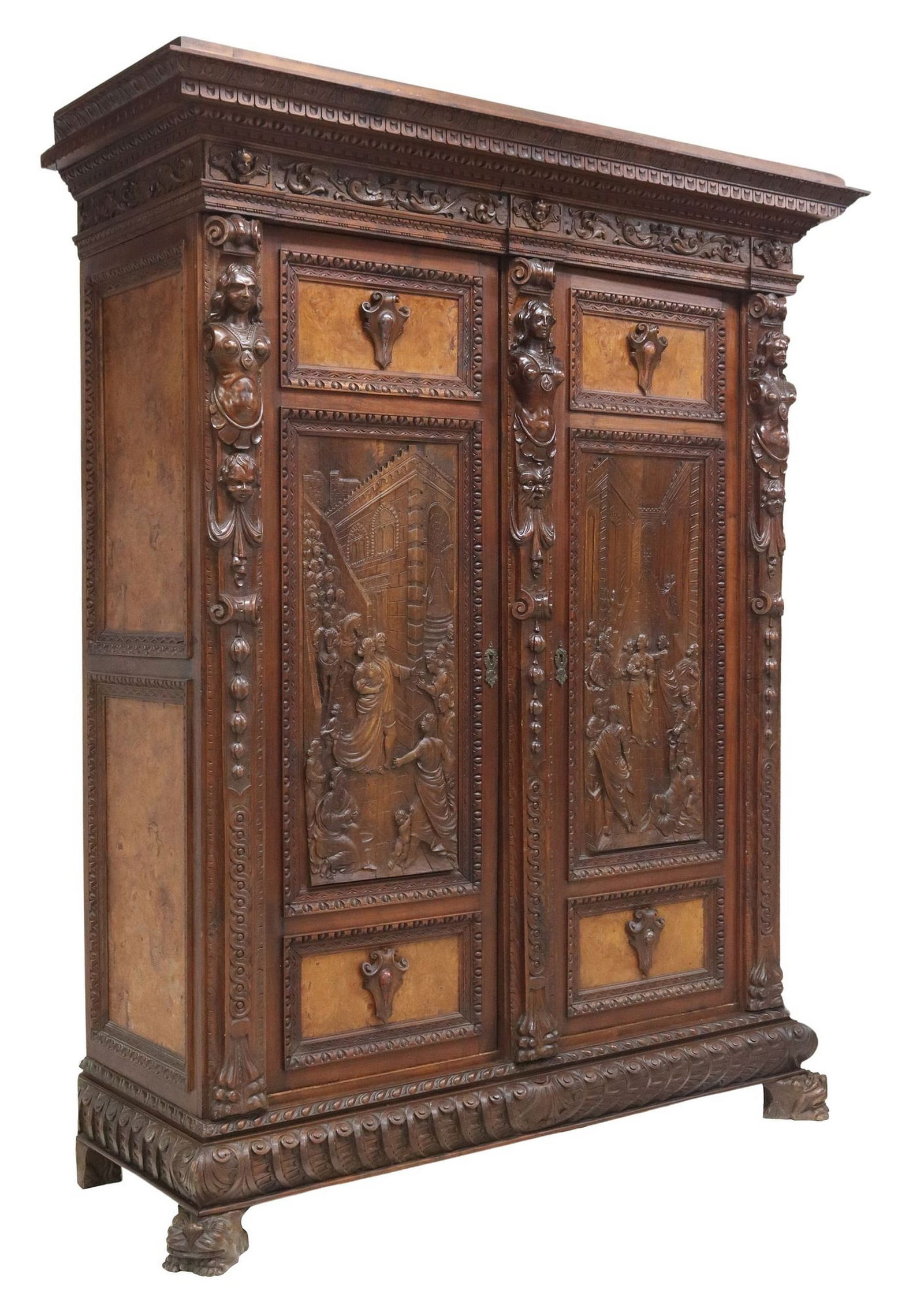 ITALIAN RENAISSANCE REVIVAL FINELY CARVED FIGURAL ARMOIRE (1 of 8)