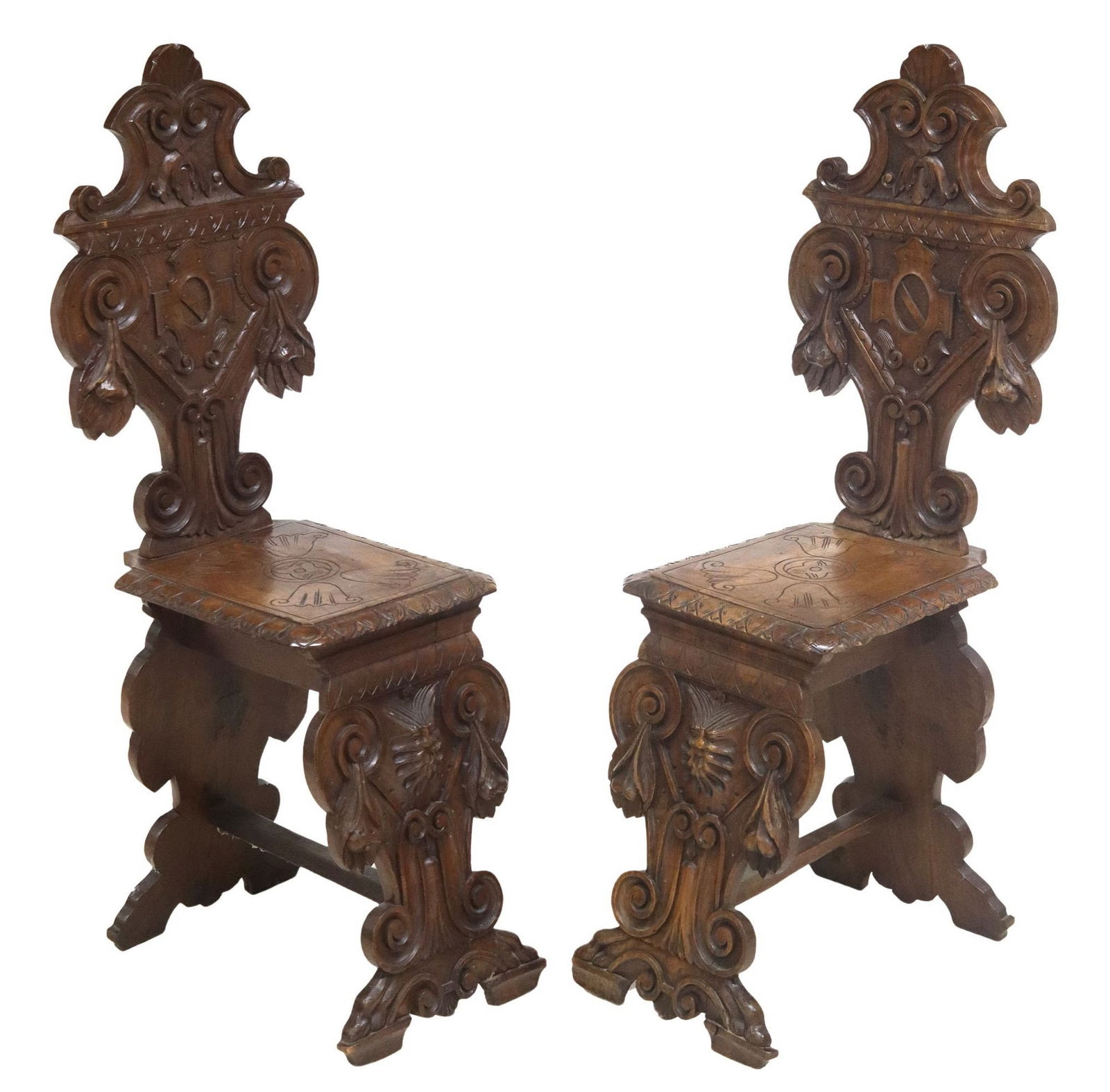 (2) ITALIAN RENAISSANCE REVIVAL CARVED WALNUT HALL CHAIRS (1 of 3)