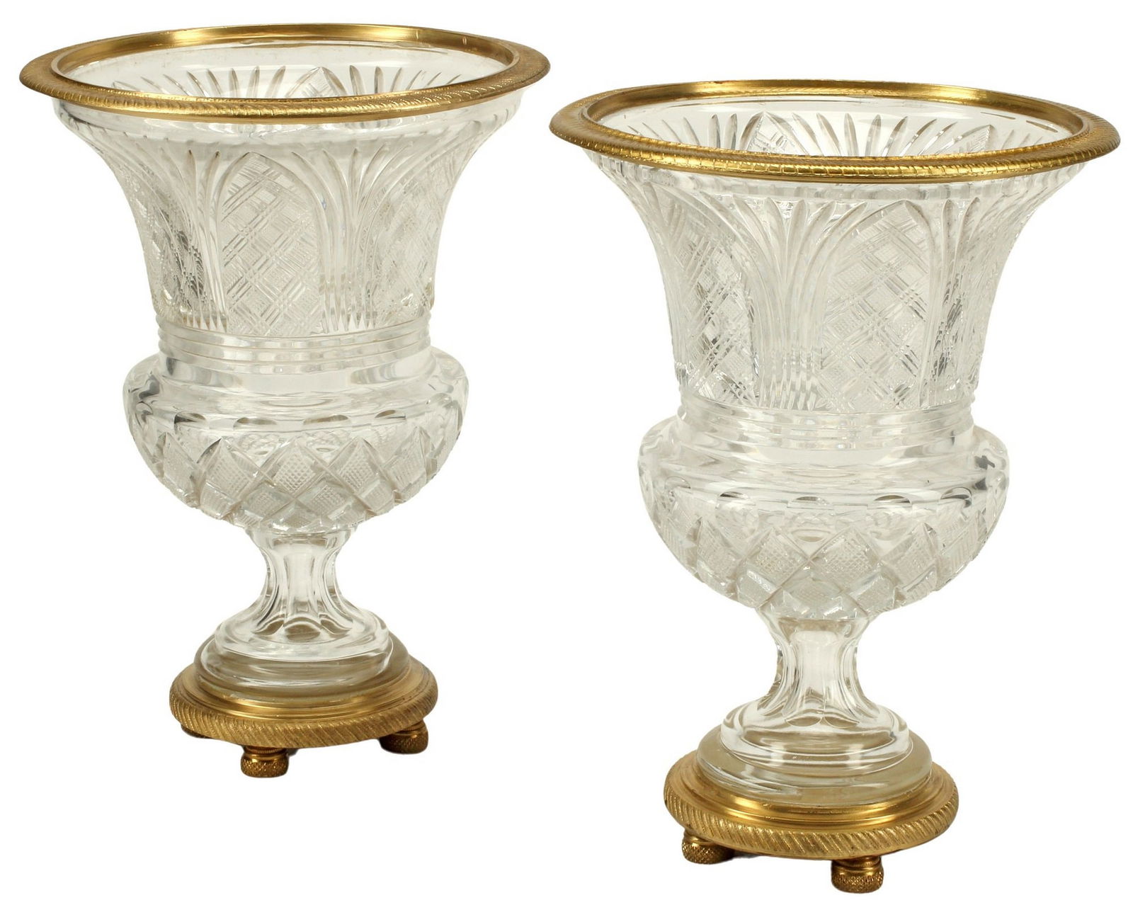 (2) ORMOLU MOUNTED BACCARAT STYLE CUT GLASS URNS (1 of 4)