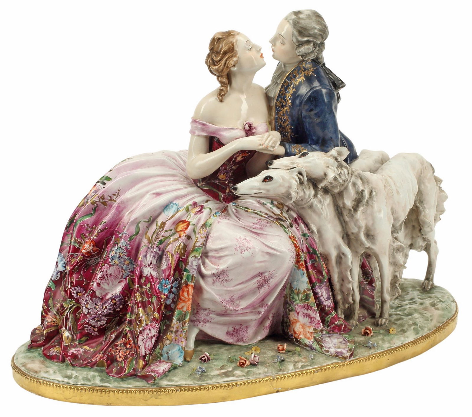 AFTER GUIDO CACCIAPUOTI (1892-1953) CERAMIC FIGURAL GROUP: Italian painted ceramic sculpture, signed in cast after G. Cacciapuoti (Guido Cacciapuoti, Italian, 1892-1953), courting couple with two borzois, intact with multiple small chips, approx 16"h, 22
