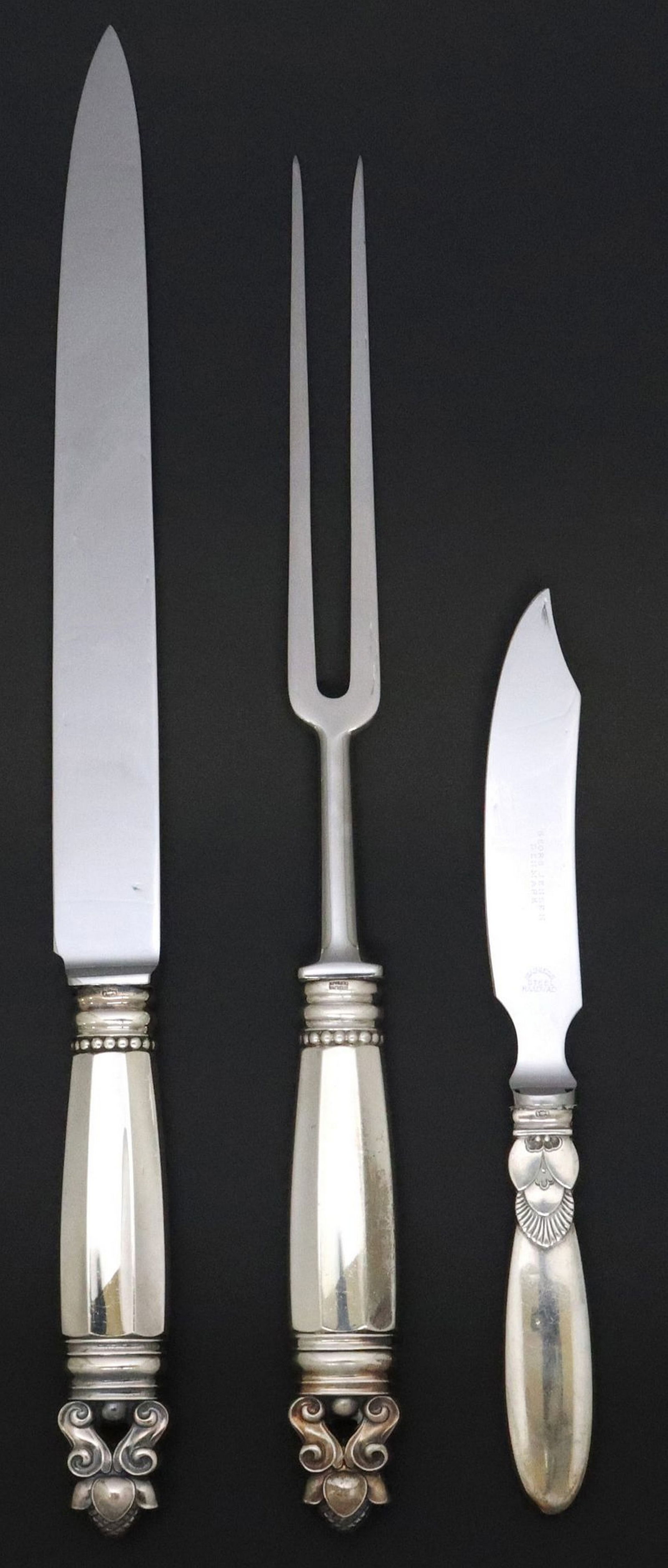 (3) DANISH GEORG JENSEN STERLING 'ACORN' ROAST CARVING SET (1 of 6)