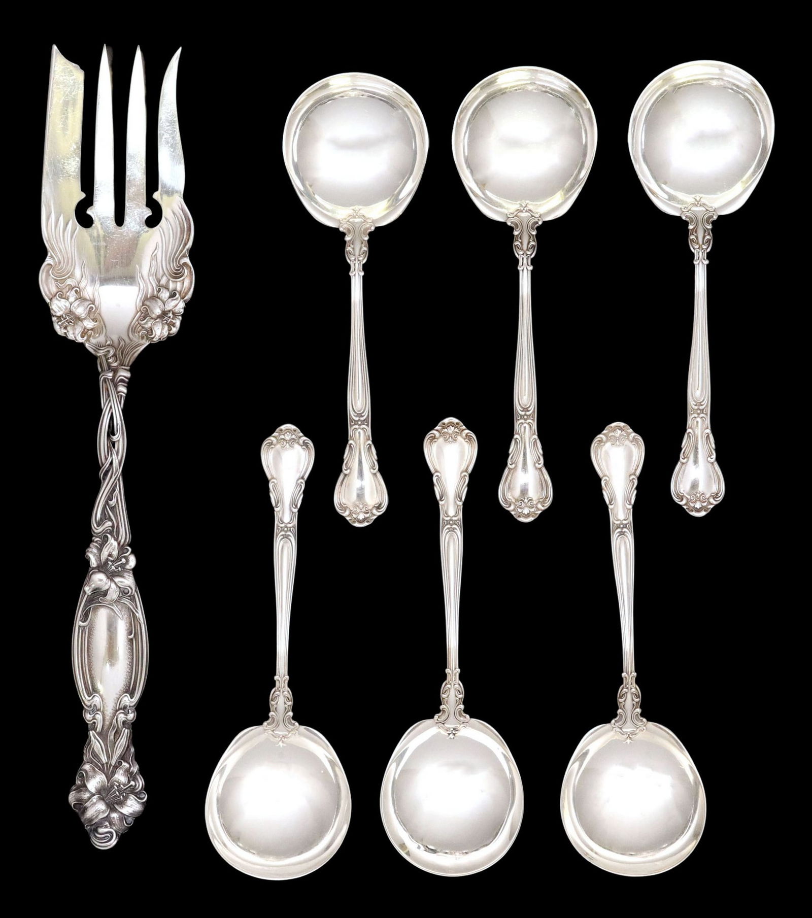 (7) STERLING GORHAM 'CHANTILLY' SPOONS & INTL. 'FRONTENAC' SERVING FORK (1 of 3)
