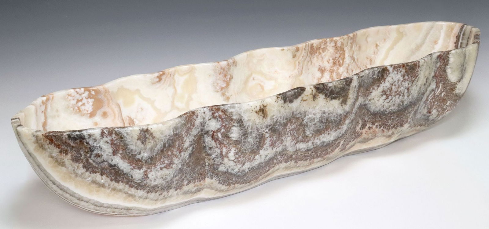 LARGE GEOLOGICAL NATURAL EDGE ELONGATED ONYX BOWL, 36.5"L (1 of 6)