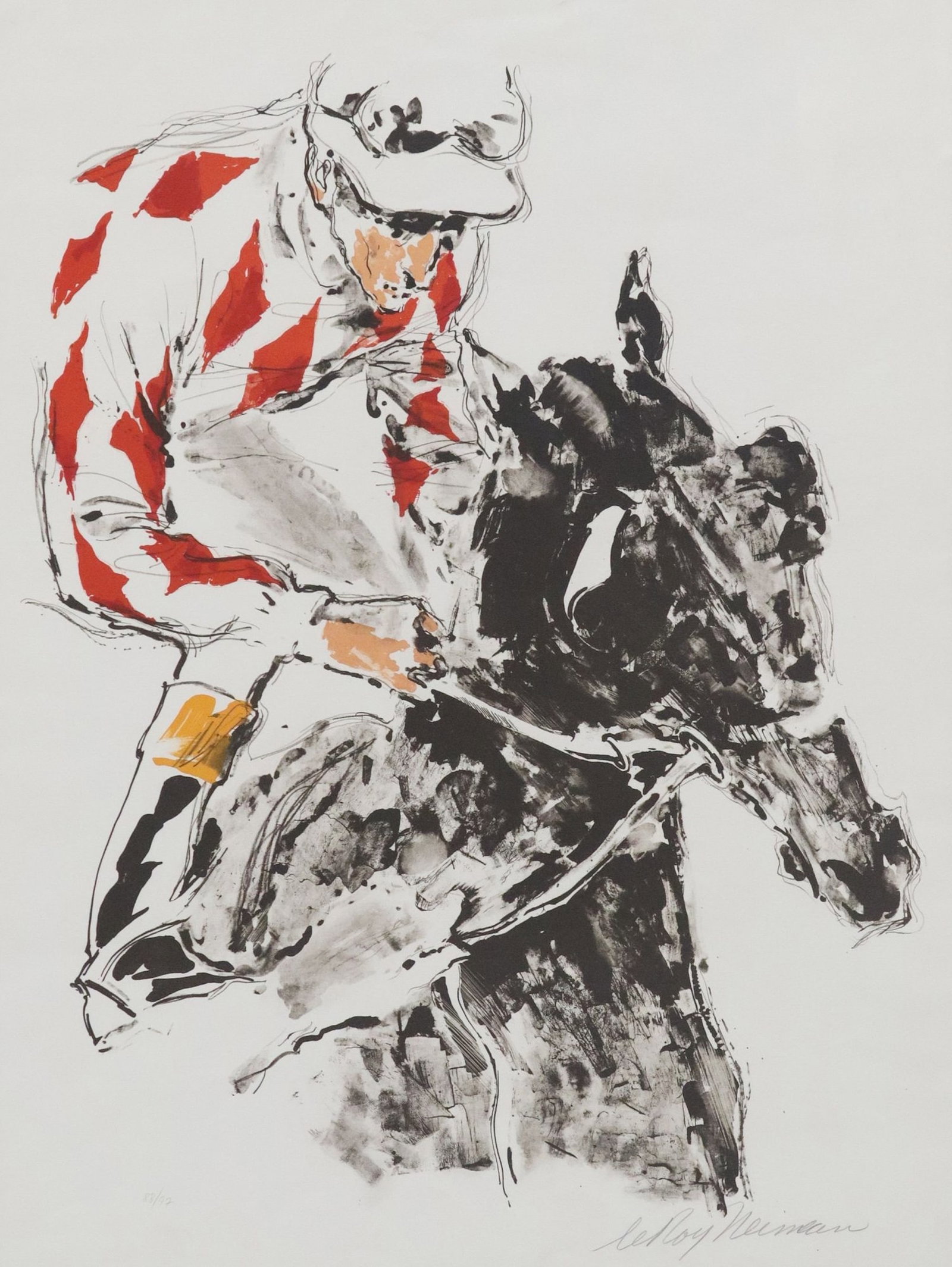 LeROY NEIMAN (1921-2012) EQUESTRIAN 'DIAMONDS' FROM JOCKEY SUITE: Framed lithograph in colors on BFK paper, "Diamonds," from the Jockey Suite, signed lower right LeRoy Neiman (American, 1921-2012), numbered 88/ 97, sheet: approx 29.75"h, 22"w, ov