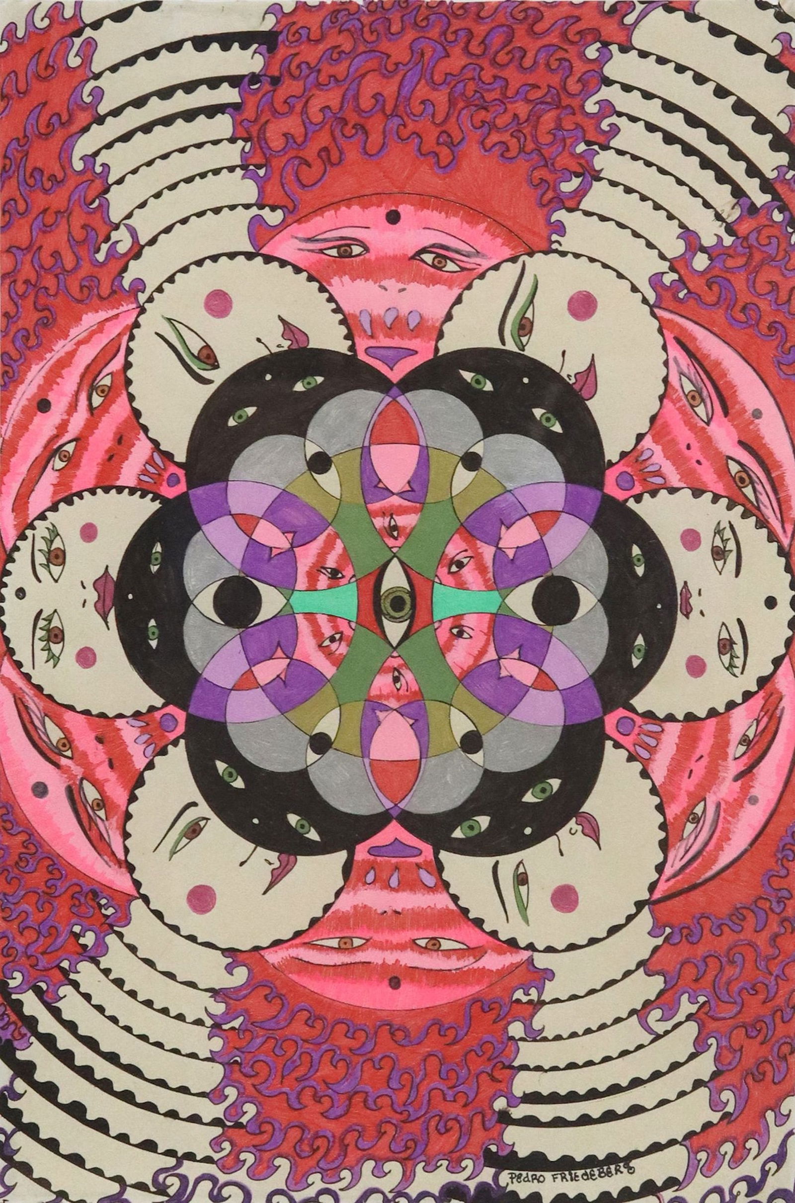 PEDRO FRIEDEBERG (MX, B.1936) SURREALIST DRAWING, KALEIDOSCOPIC PORTRAIT (1 of 4)