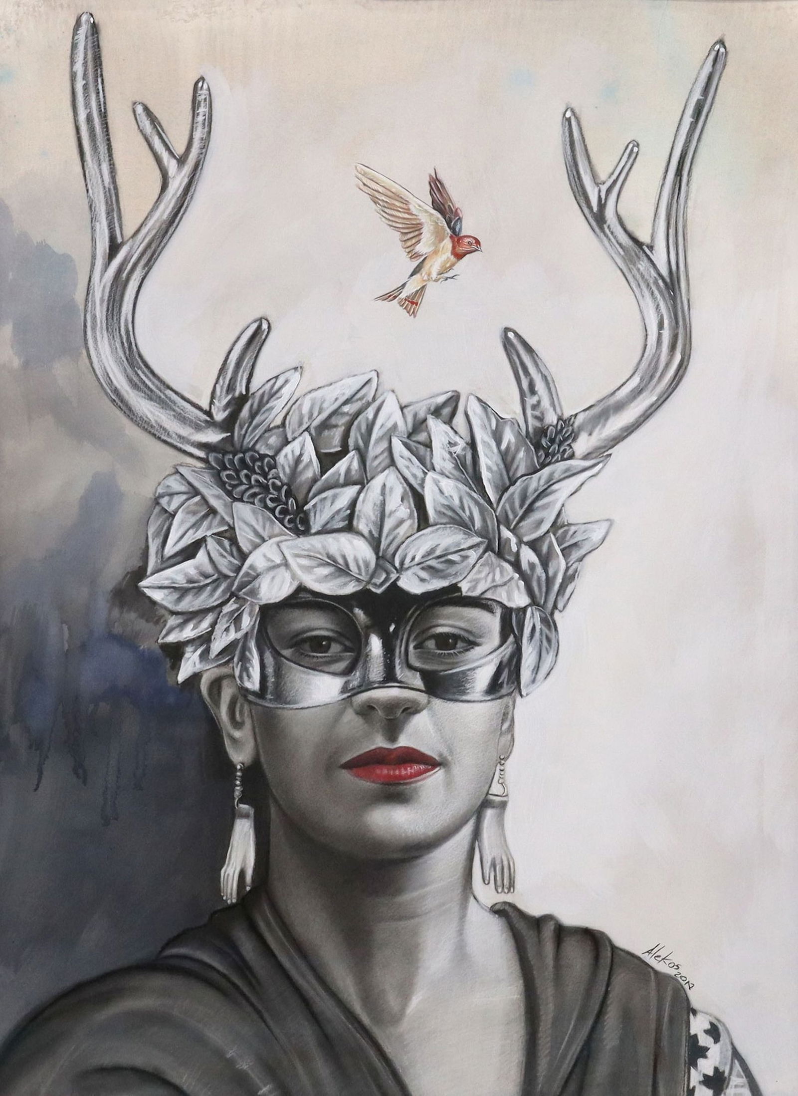 SIGNED ALEKOS (20TH C.) MIXED MEDIA PAINTING, PORTRAIT OF FRIDA KAHLO (1 of 5)