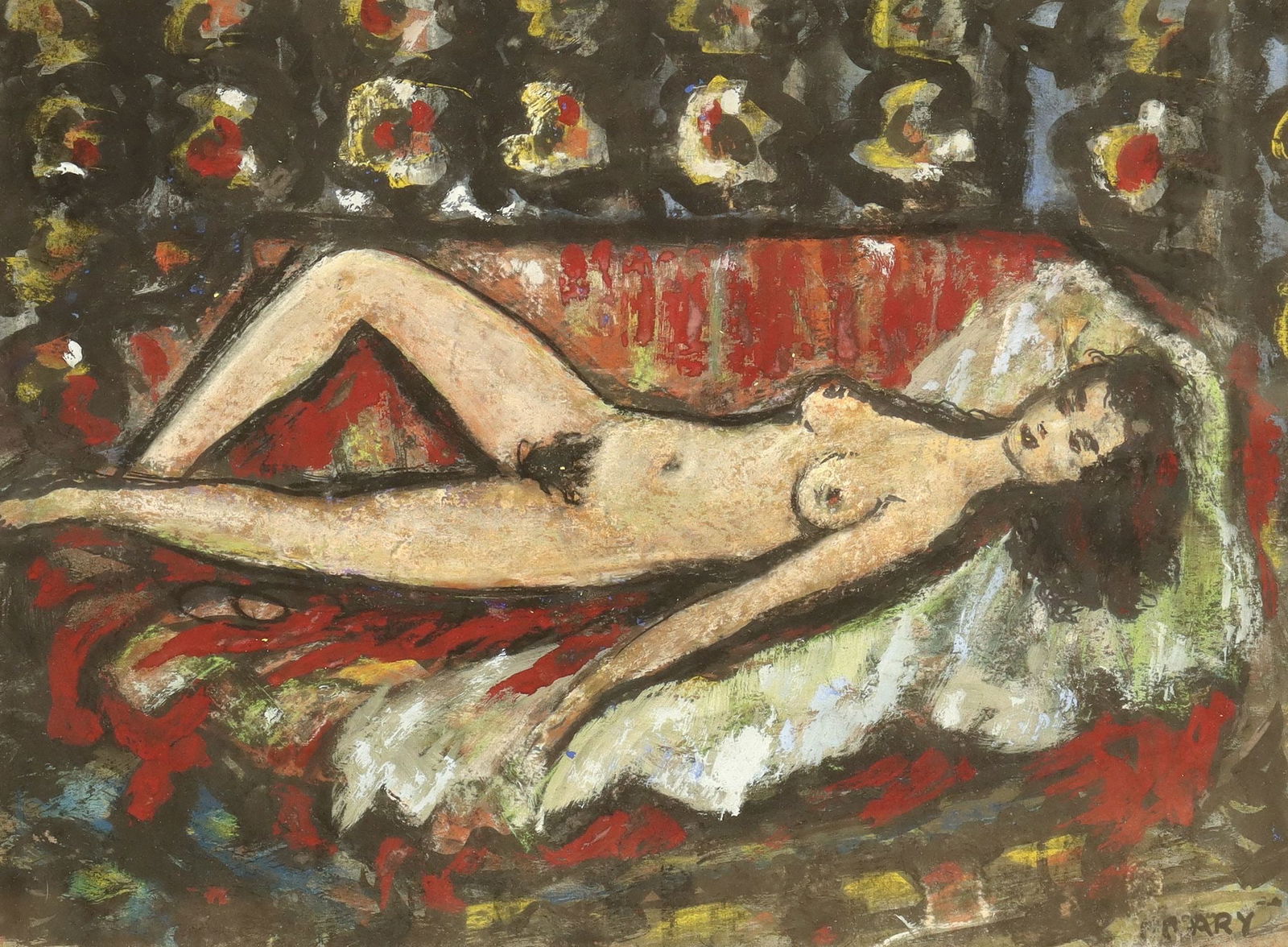 MICHAEL FRARY (1918-2005) PAINTING RECLINING FEMALE NUDE: Framed mixed media painting on board, Reclining Female Nude, signed lower right Frary (Michael Frary, Texas, California, 1918-2005), sight: approx 14"h, 19.5"w, overall: approx 21"h, 26