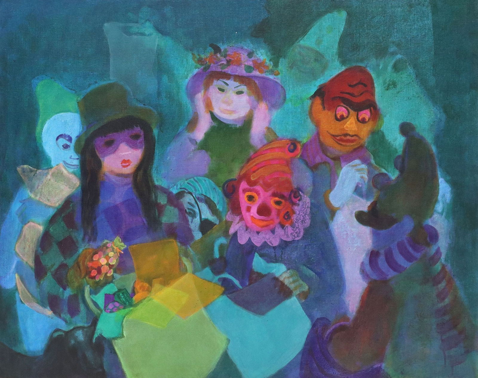 GUSTAV LIKAN (1912-1998) ACRYLIC PAINTING MASQUERADE, 40" X 50" (1 of 3)