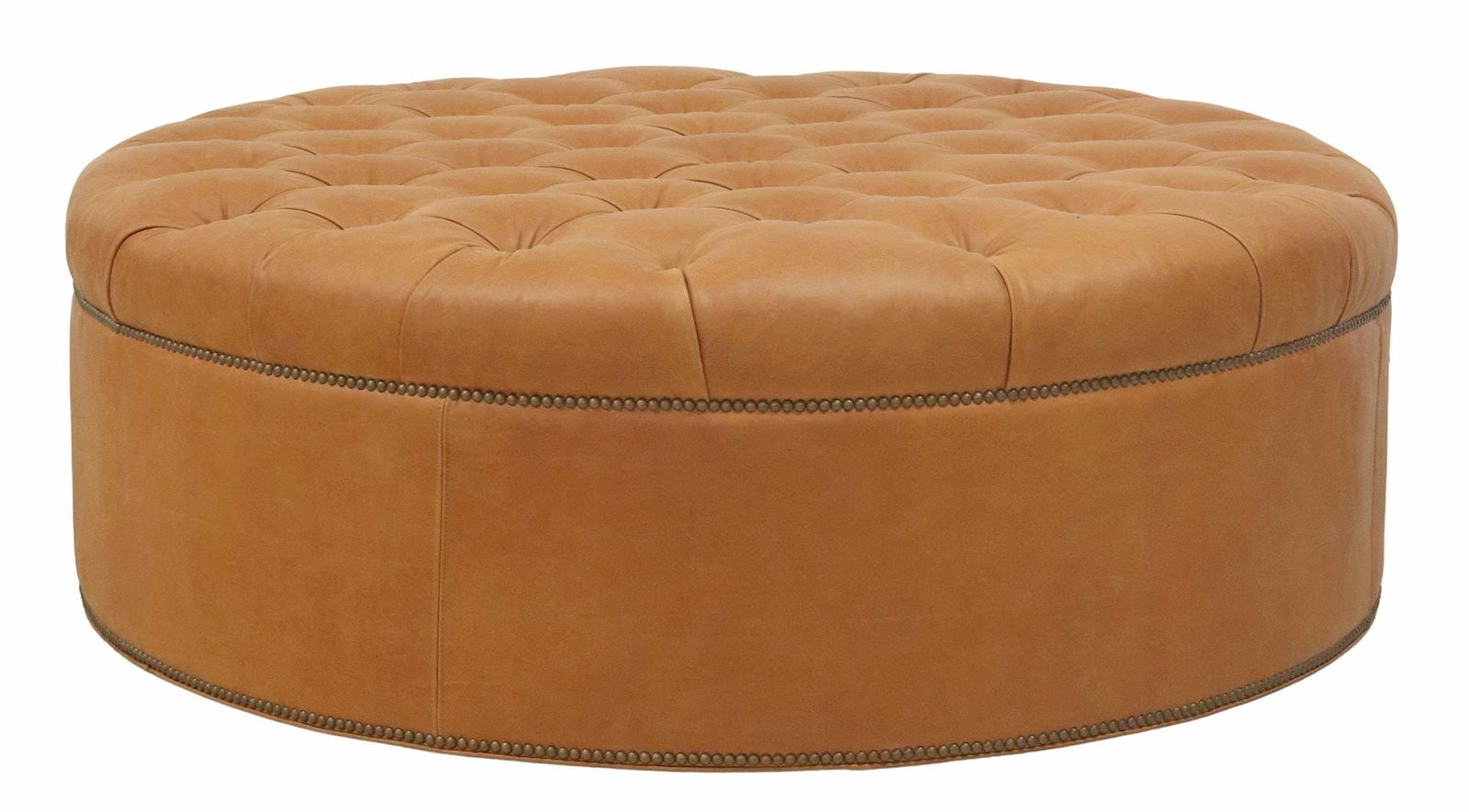 OVERSIZED BUTTON-TUFTED TAN LEATHER COCKTAIL OTTOMAN, 55.5"DIAM (1 of 3)