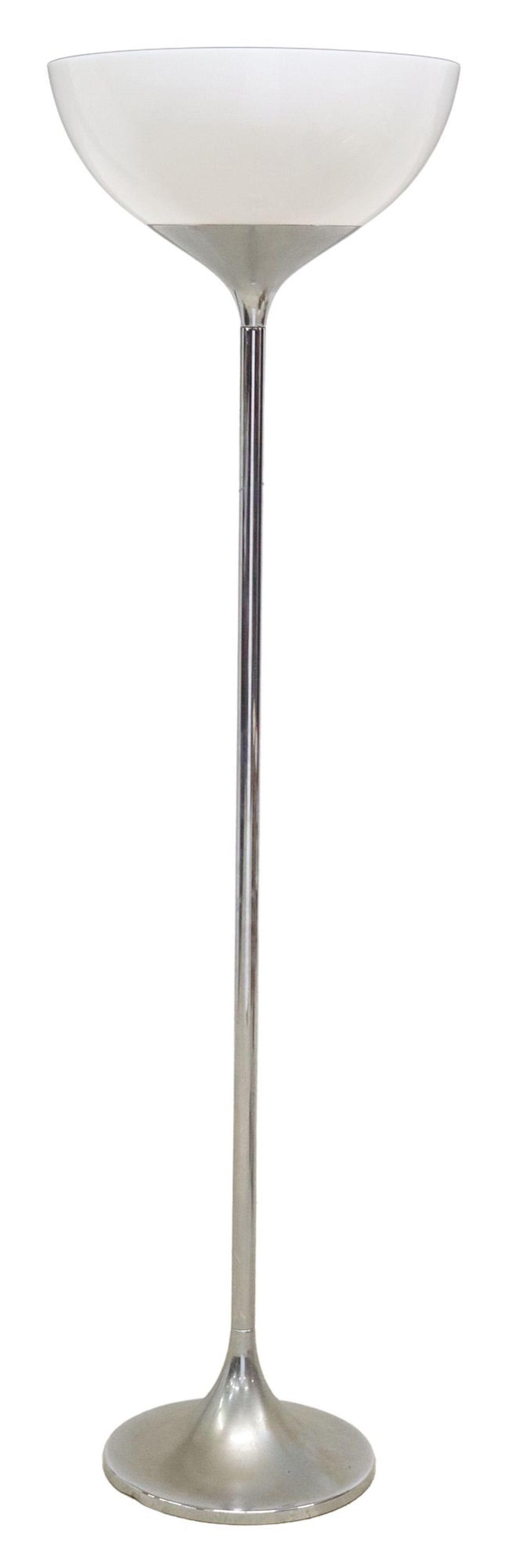 HARVEY GUZZINI (ATTRIB) ITALIAN MODERN CHROME TORCHIERE FLOOR LAMP: Italian modern floor lamp, attributed to Harvey Guzzini, c.1970s, opaque white acrylic shade concealing a single light, chromed steel stem, on a weighted tulip-shaped base, unmarked, in need of w