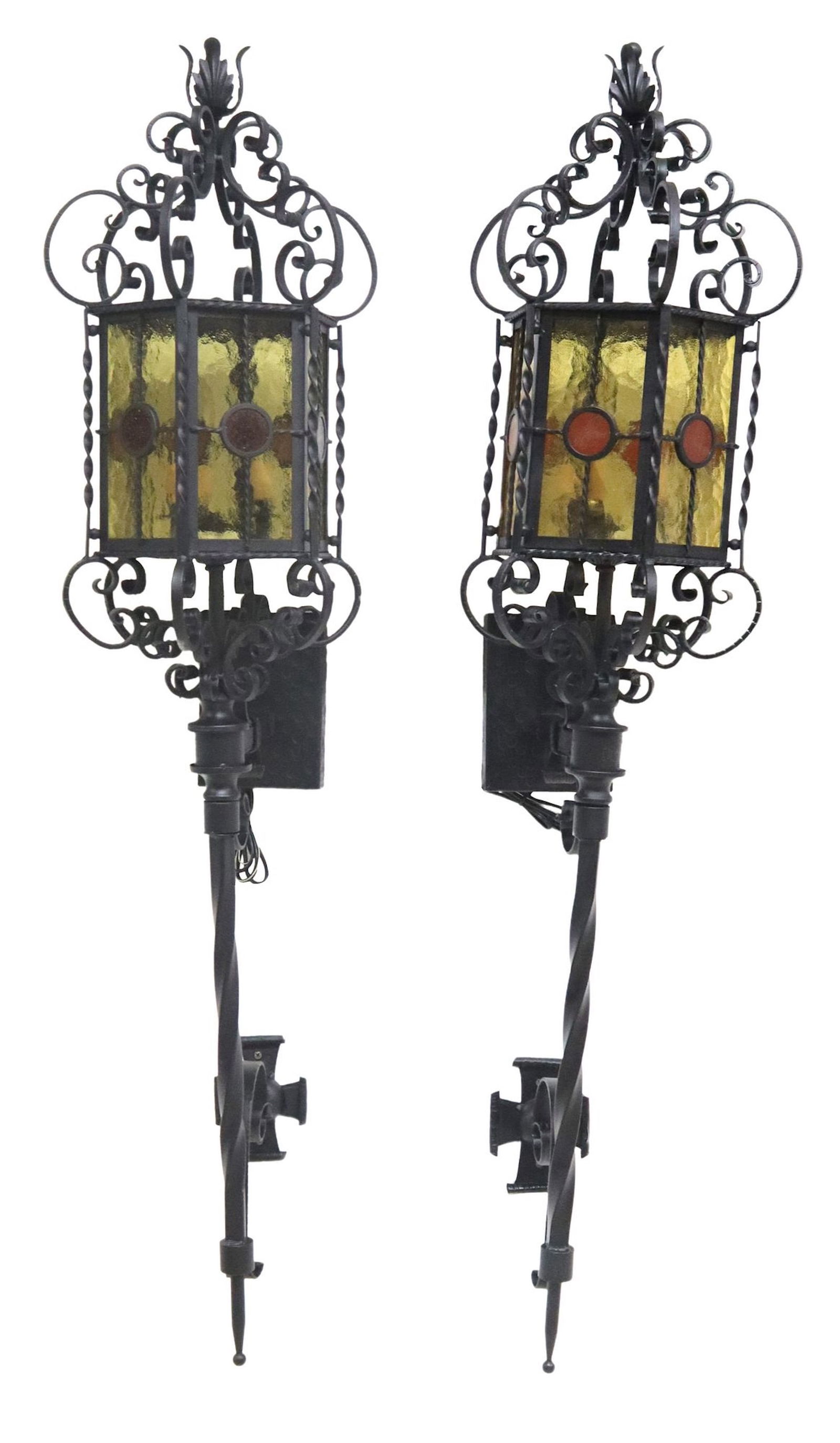 (2) WROUGHT IRON & STAINED GLASS 3-LT LANTERN WALL SCONCES, 51"L (1 of 3)