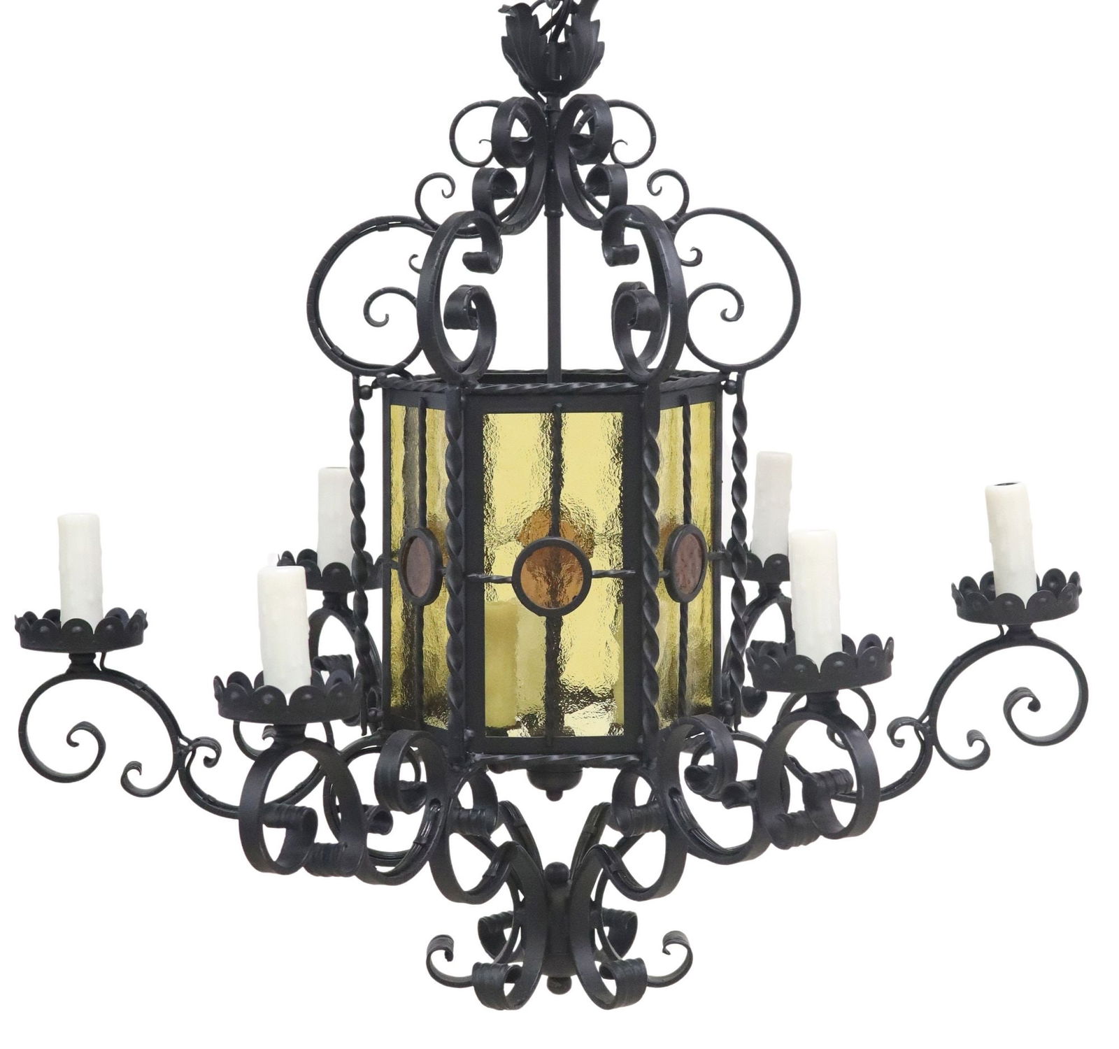 FLYING ANVIL INDUSTRIES WROUGHT IRON & STAINED GLASS 9-LT CHANDELIER (1 of 4)