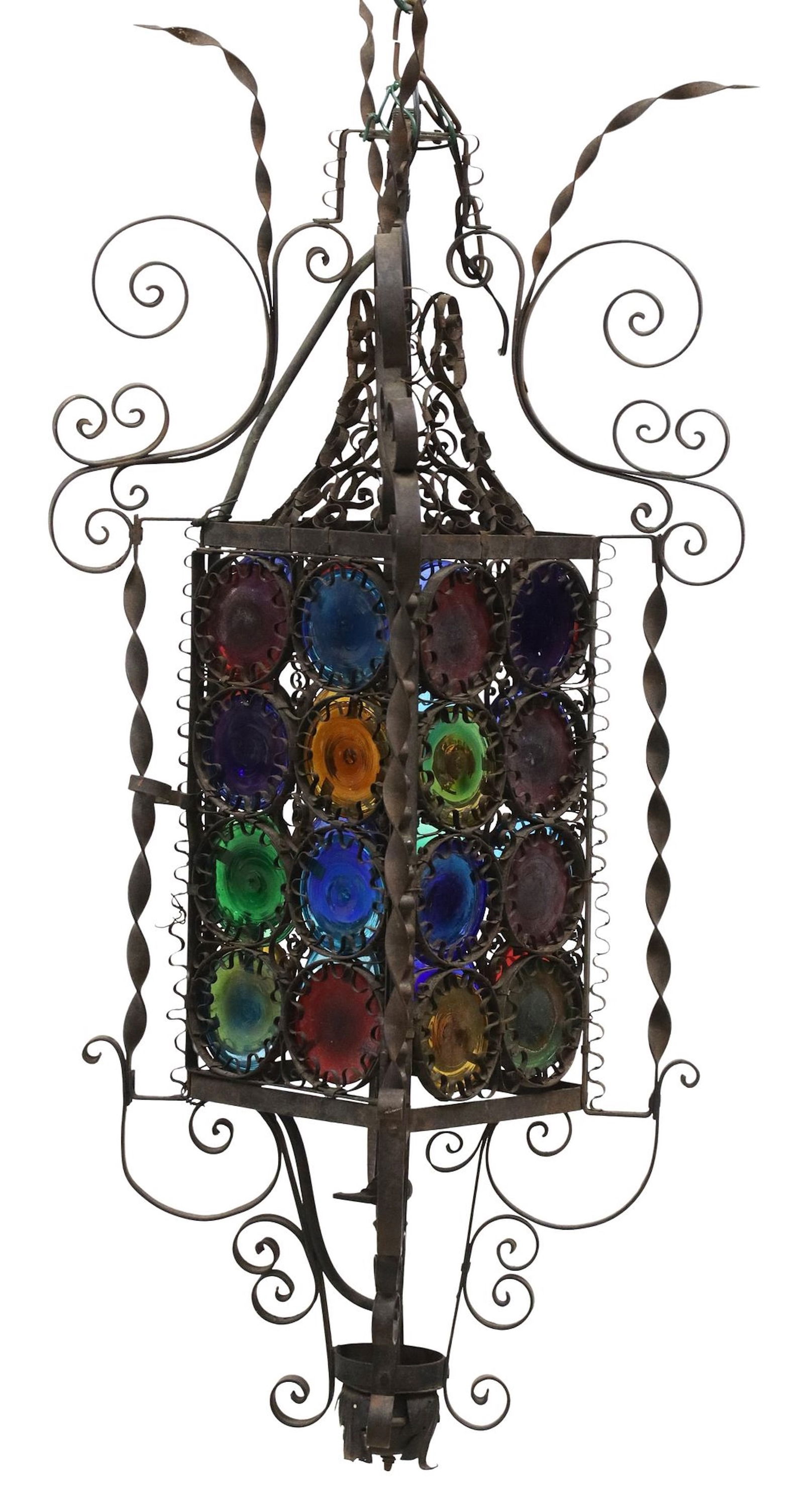 ITALIAN WROUGHT IRON & STAINED GLASS 1-LT HANGING LANTERN (1 of 3)