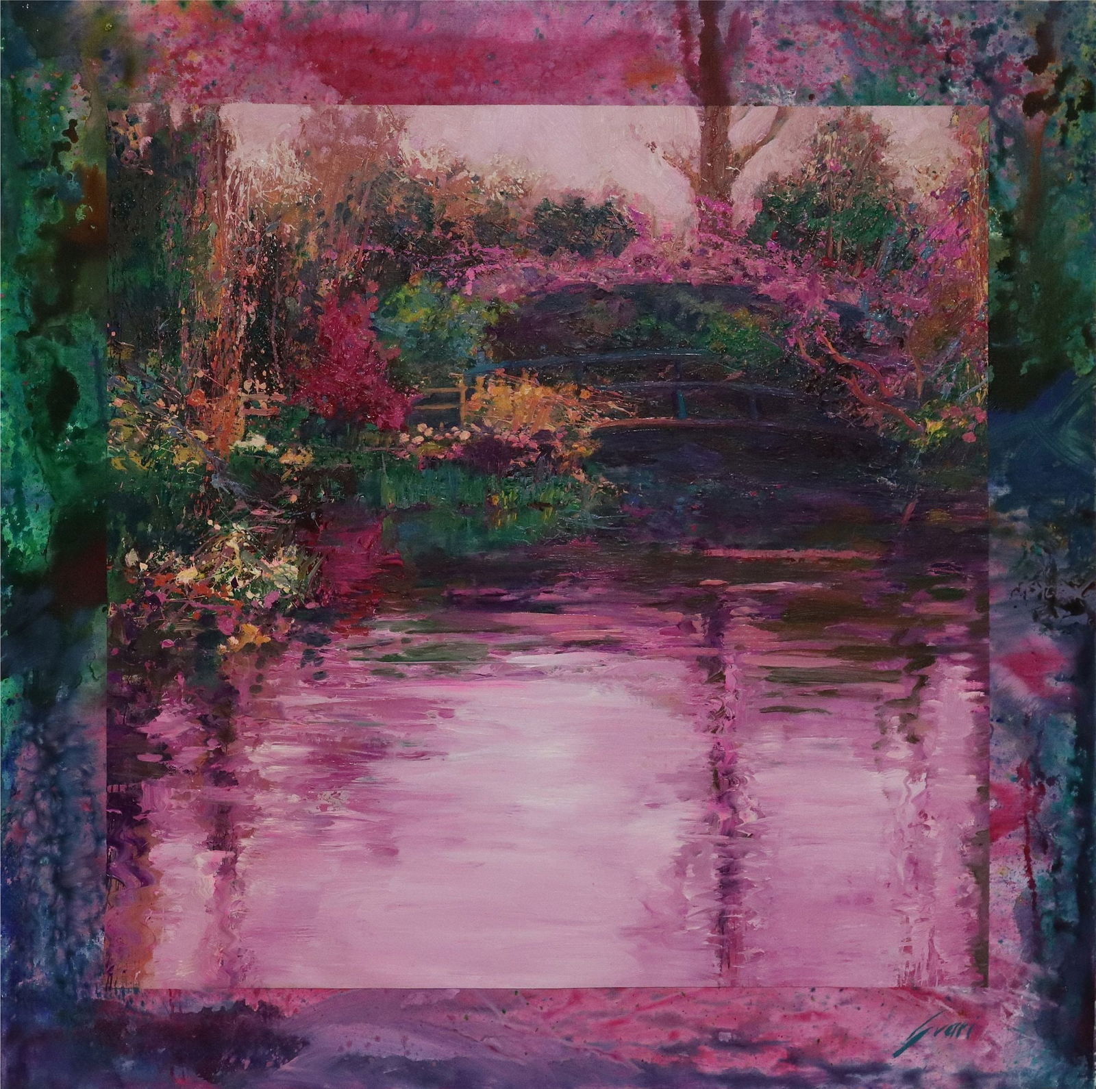 PEP SUARI (B.1957) PAINTING JAPANESE BRIDGE, 39.5" X 39.5": Framed acrylic on canvas painting, The Japanese Bridge, signed lower right Suari (Pep Suari, Spanish, b.1957), Austin Galleries label verso, canvas: approx 39.5"h, 39.5"w, overall: 42.5"