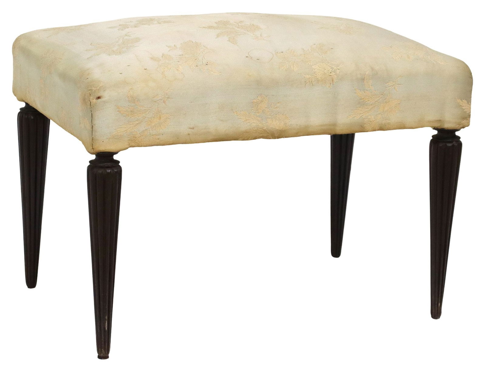 ITALIAN MID-CENTURY MODERN UPHOLSTERED OTTOMAN/FOOTSTOOL: Italian mid-century modern armchairs, c.1940s-1950s, having floral fabric upholstery, rising on tapered legs, approx 15.75"h, 20.5"w, 13.5"d