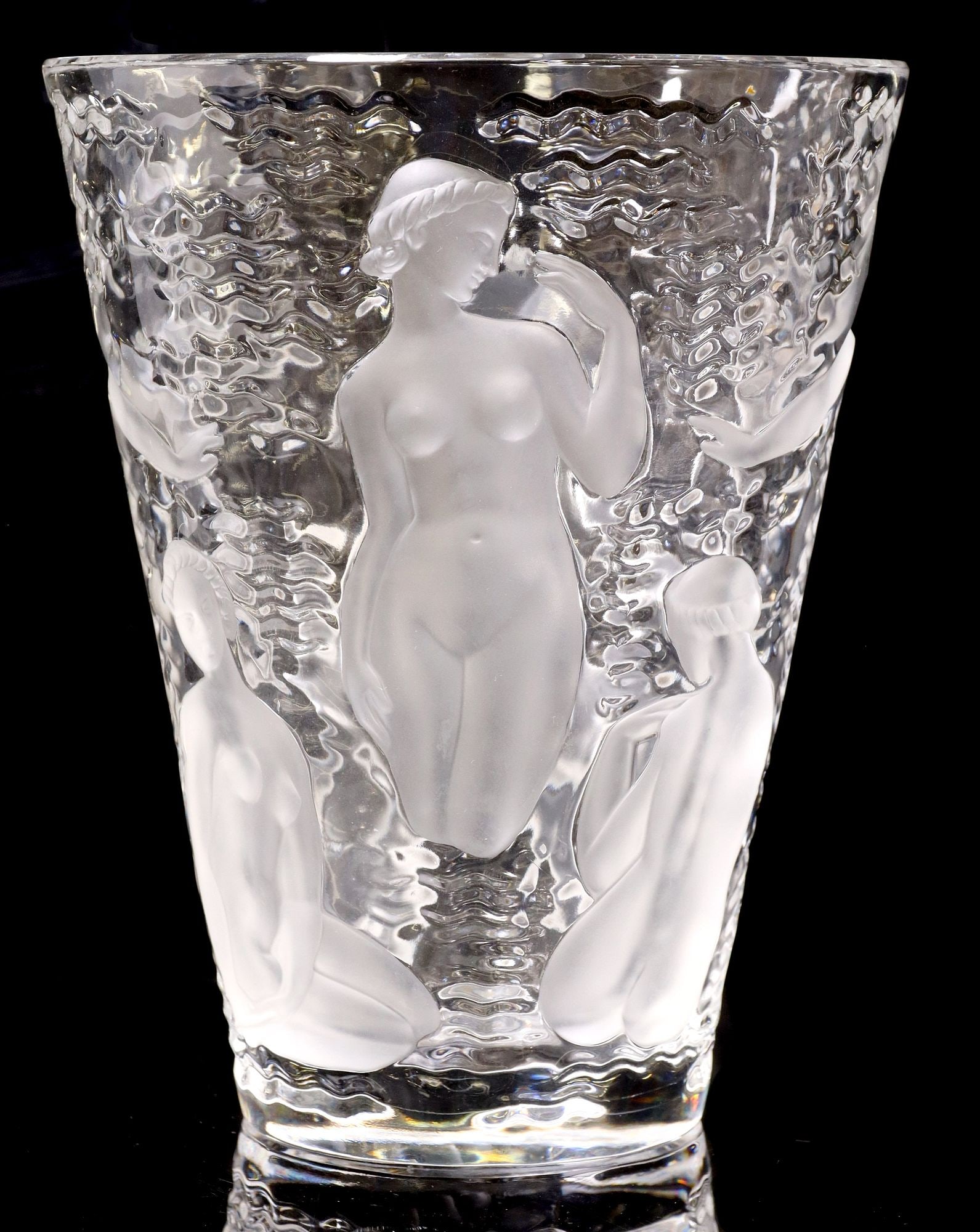 LARGE LALIQUE ONDINES CLEAR & FROSTED GLASS VASE (1 of 4)
