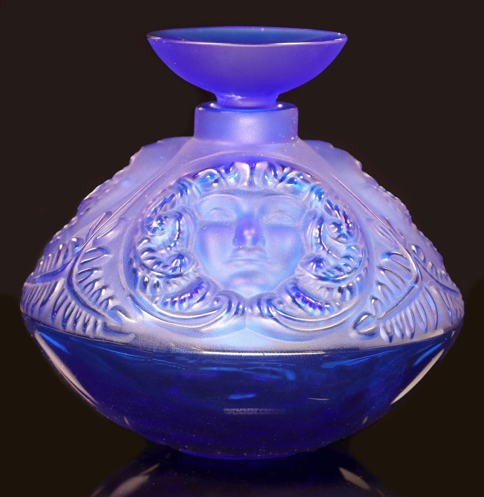 FRENCH LALIQUE 'PSYCHE' FROSTED & BLUE GLASS PERFUME BOTTLE (1 of 5)