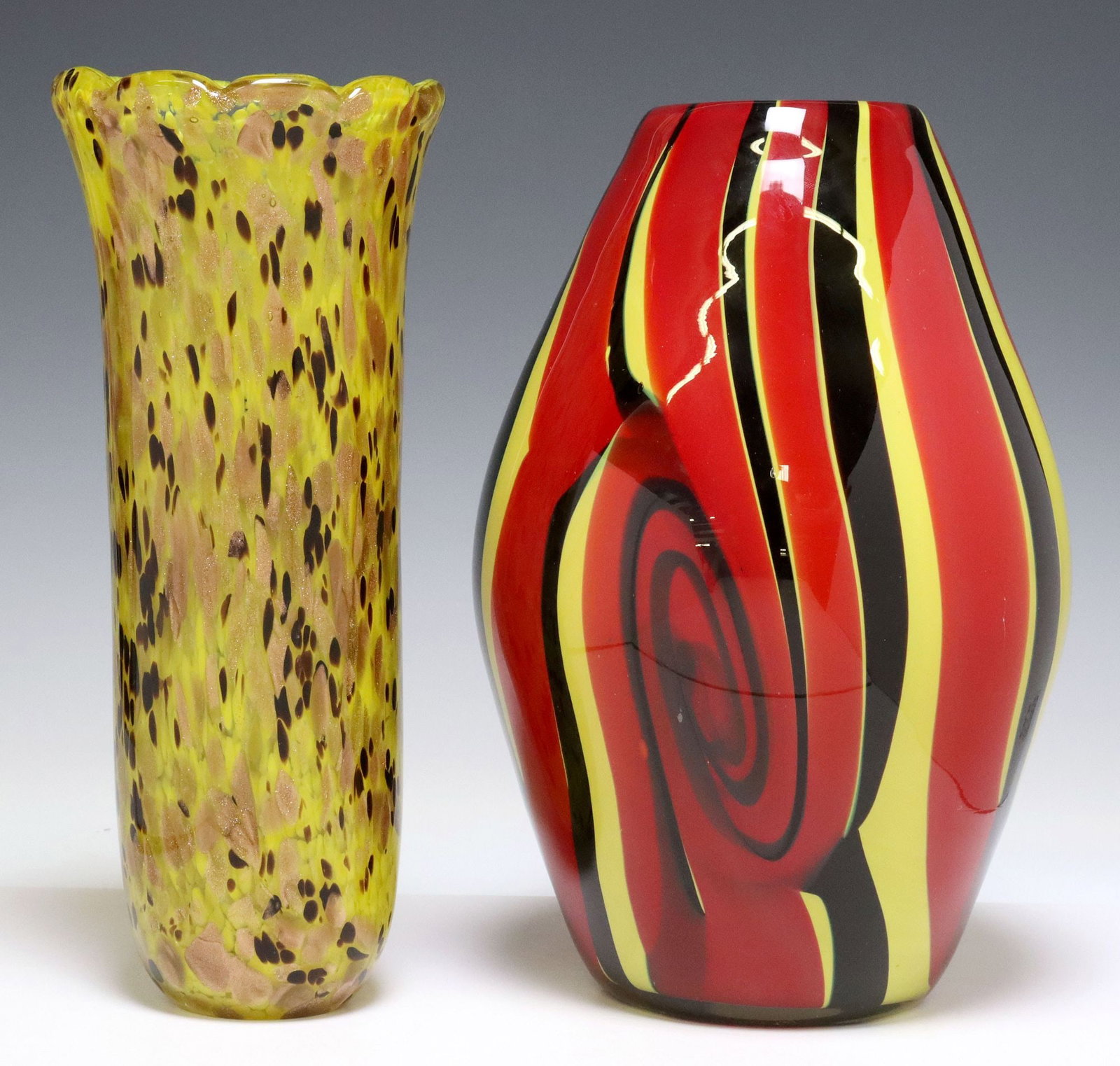 (2) ITALIAN MURANO ART GLASS AVENTURINE & MARBLED VASES: (lot of 2) Italian Murano art glass vases, both apparently unmarked, including: (1) convex vase with bulging waist, decorated with red, black, and yellow pulled marbling, approx 12.25"h, 8.5"