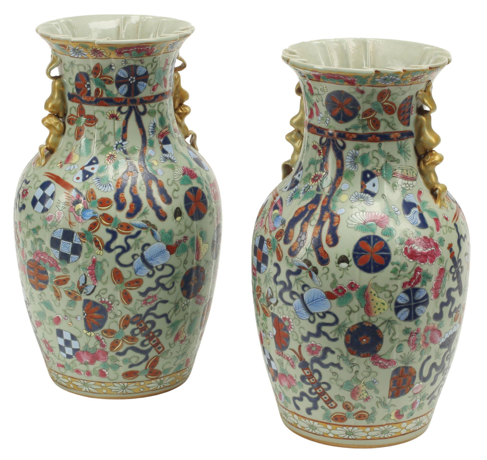 (2) CHINESE FAMILLE ROSE POUCH-SHAPED PORCELAIN VASES (1 of 5)