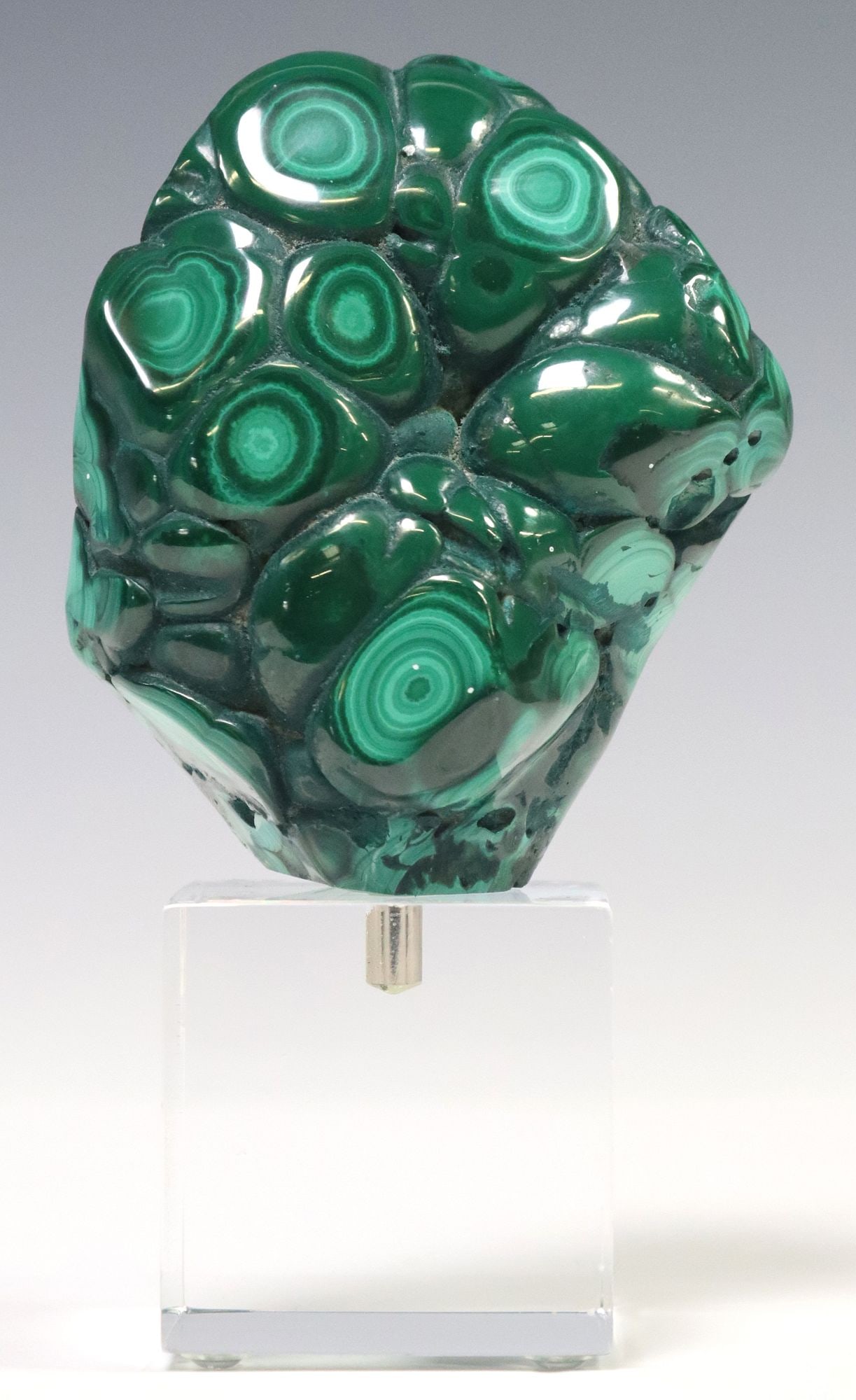 GEOLOGICAL MALACHITE SPECIMEN ON COLORLESS ACRYLIC BASE (1 of 3)