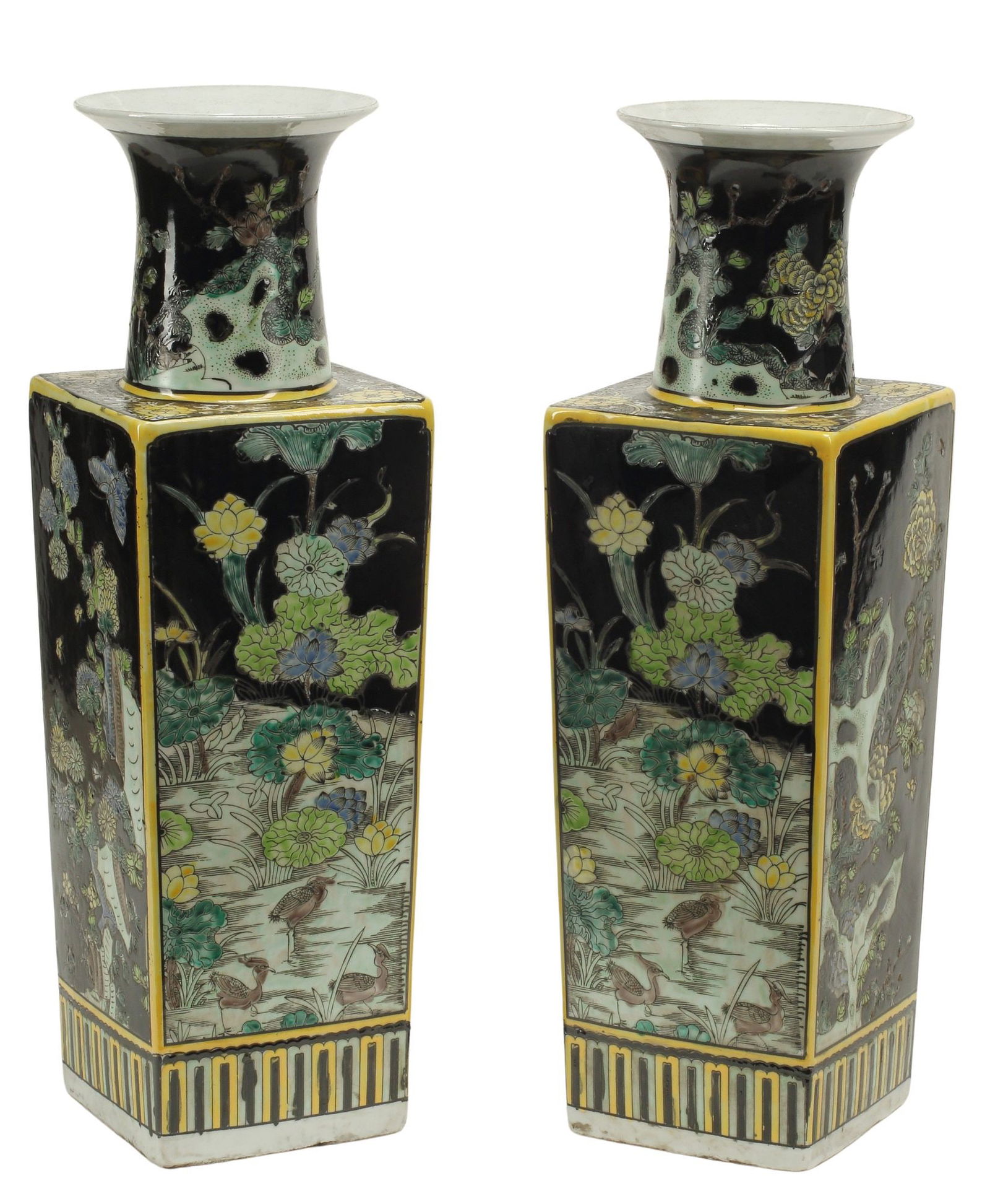 (2) CHINESE FAMILLE NOIRE PORCELAIN SQUARE VASES (1 of 6)
