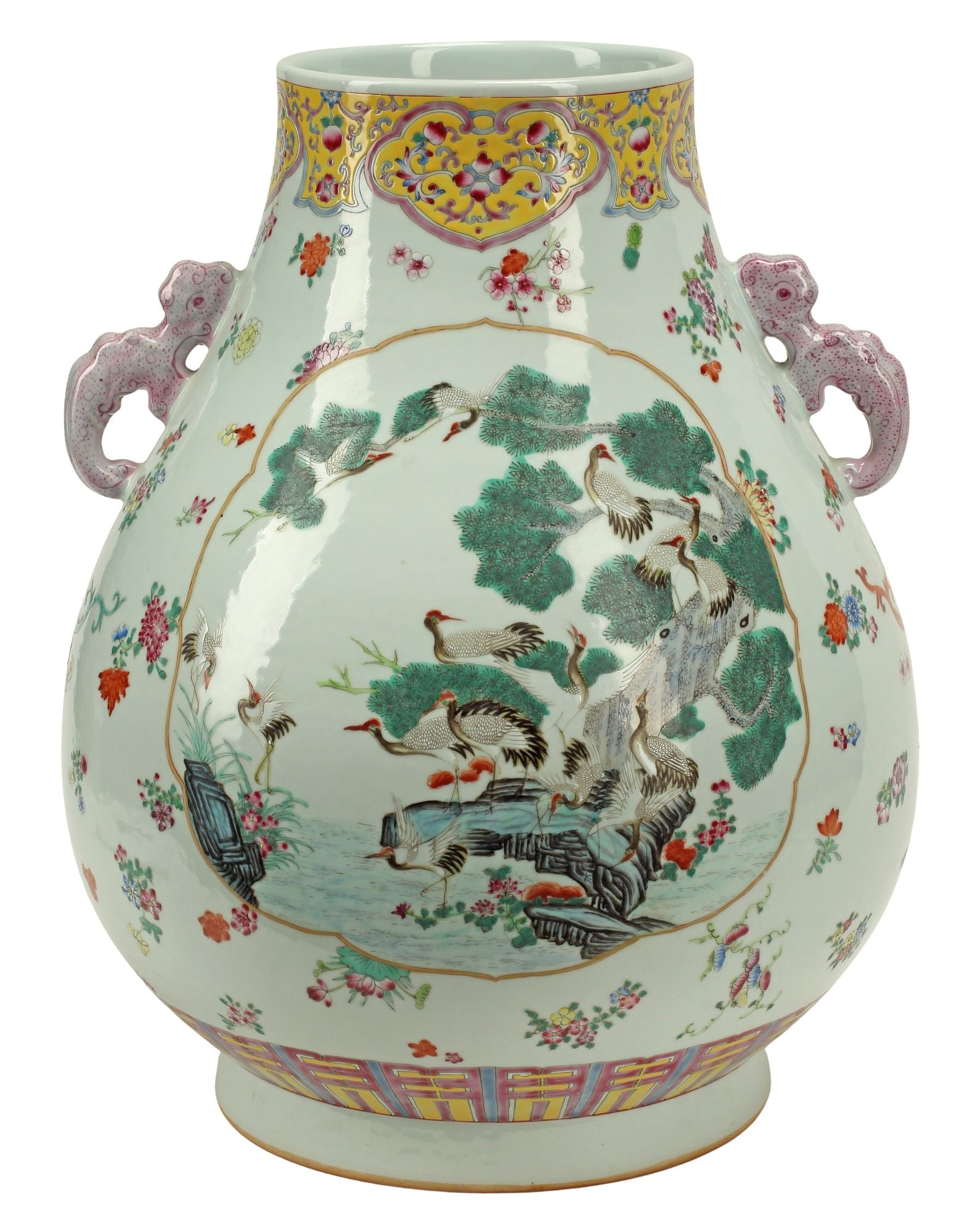 CHINESE FAMILLE ROSE PORCELAIN HU-FORM VASE: Chinese famille rose porcelain Hu-form vase, having bulbous tapered body with two pierced handles, reserves depicting cranes and ducks in verdant surround, honorific Qianlong style six character 