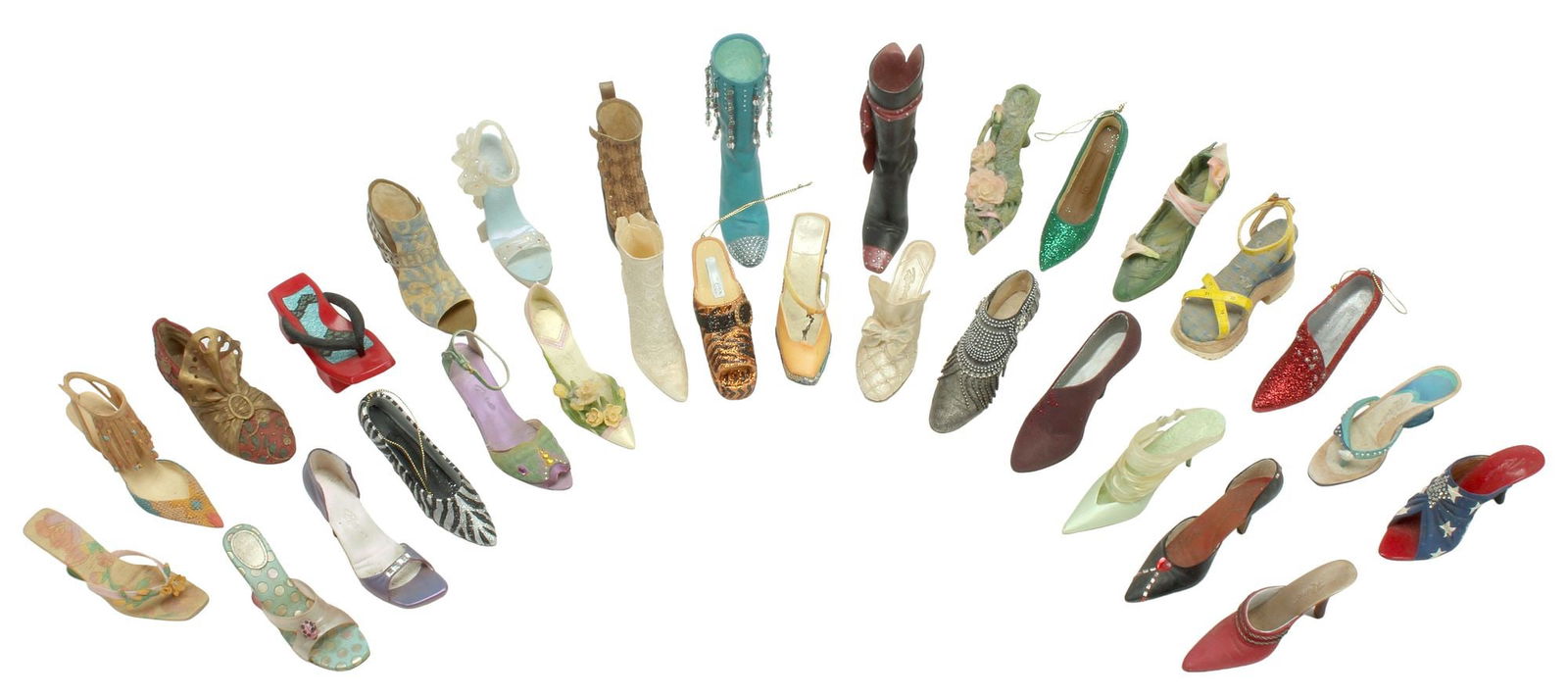 (30) JUST THE RIGHT SHOE BY RAINE & OTHER MINIATURE LADIES SHOES: (lot of 30) Collection of miniature ladies' heeled shoes, various styles and materials, including: (26) Just the Right Shoe by Raine; largest: approx 4.75"h, 4lbs total