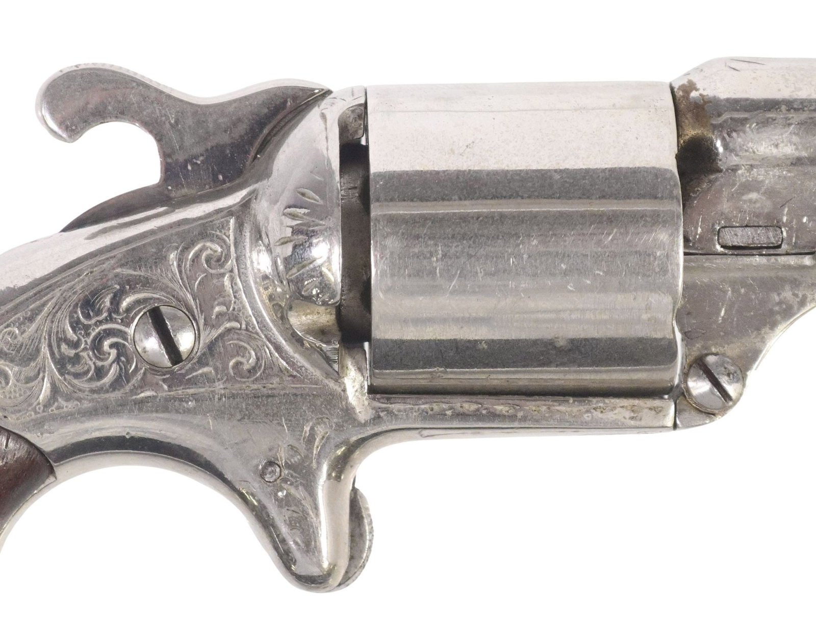 MOORE'S PATENT REVOLVER, FRONT LOAD .32, 1860s: Moore's Patent Front Load Revolver, mfg. late 1860s, .32 caliber, silver plate finish, round 3.1/8 barrel with blade front sight and marked at top with mostly obscured makers name "National A