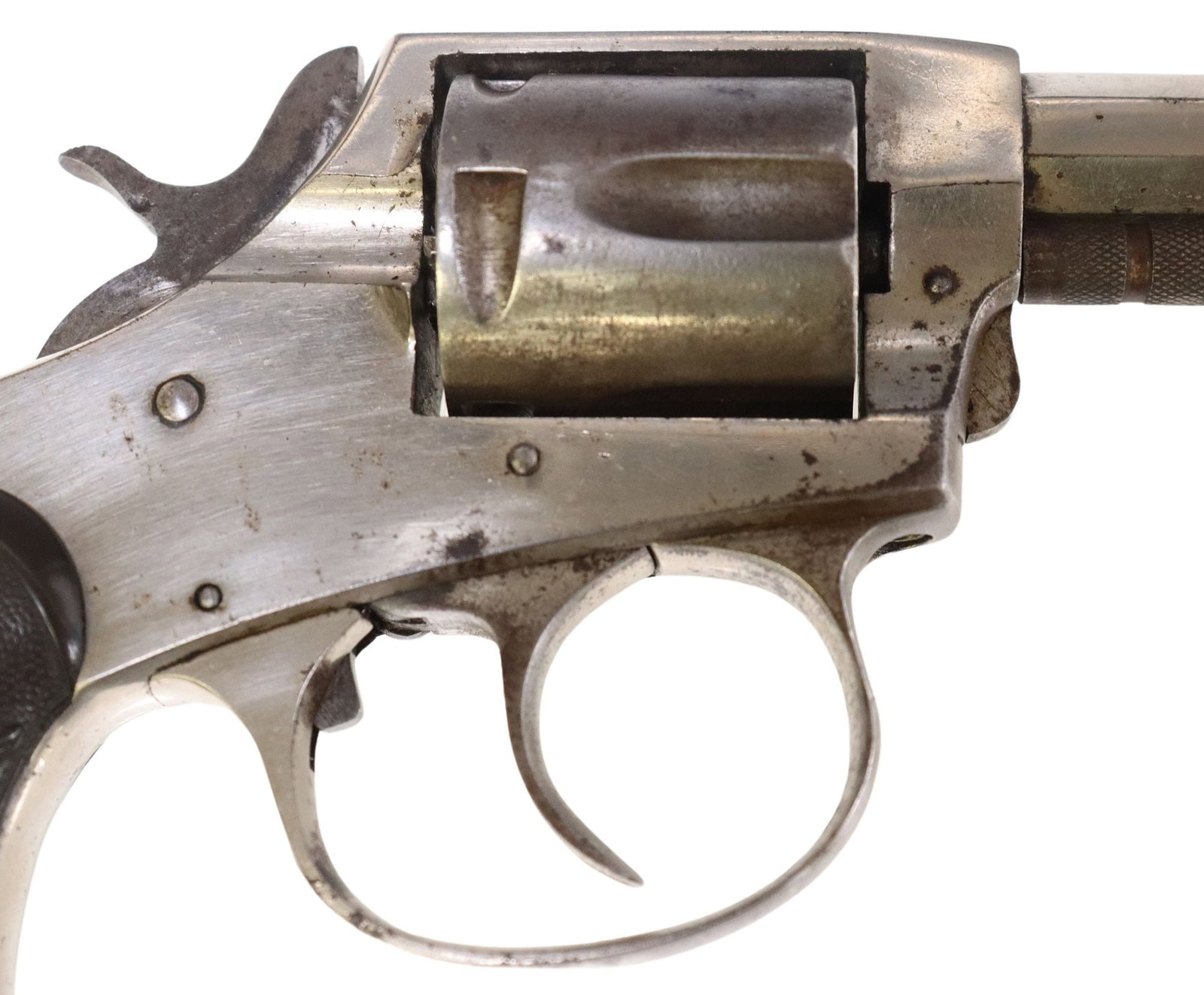 ANTIQUE IVER JOHNSON AMERICAN BULL DOG REVOLVER: Iver Johnson American Bull Dog Revolver, mfg. 1881885-1897, double action, .32 caliber, nickel finish, 2.5" octagonal barrel, blade front sight, 5 round fluted cylinder, scratching, hard rubber g
