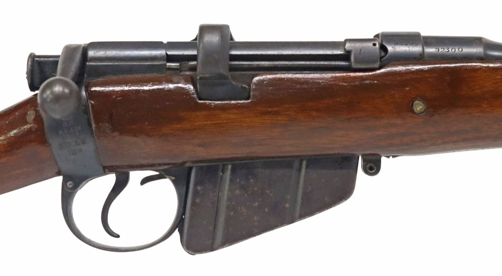 ENFIELD 1916 SPORTER .303 RIFLE: British Enfield Mk III rifle, Sporterized, mfg. 1916, bolt action, .303 caliber, 25" barrel, fixed front sight, adjustable rear ladder sight, detachable magazine, hardwood stock, brass