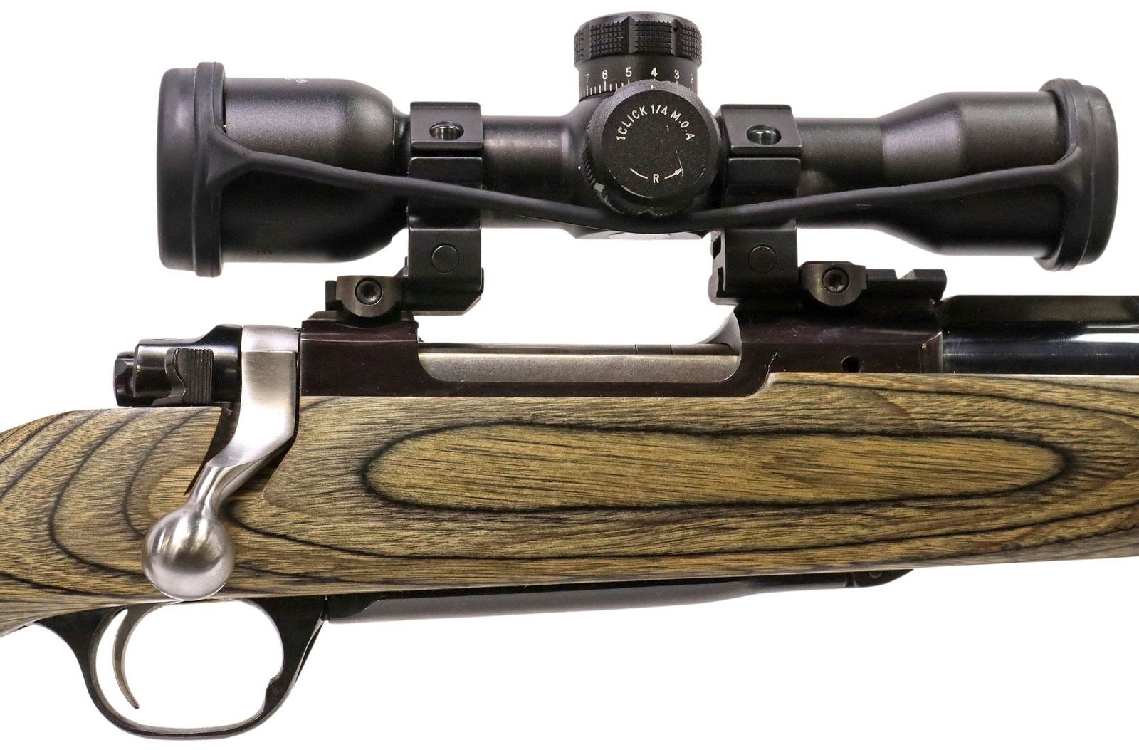 RUGER M77 MKII .308WIN RIFLE & SCOPE: Ruger Model 77 Mark II Rifle, bolt short action, .308 Win caliber, 16" barrel, mounted Burris BSA 4X30 scope, silver tone bolt, bolt handle and trigger, thumb safety, laminated wood gra