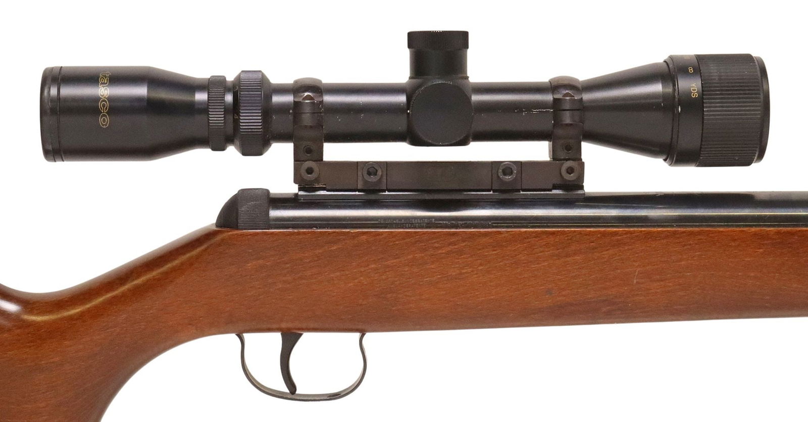 DIAMA MODEL 34 RWS .22 CAL AIR RIFLE & TASCO SCOPE: Diana Model 34 RWS Air Rifle, mfg. Germany, 5.5/.22 caliber pellet, single shot, break barrel, 19" barrel, mounted Tasco 7.5-100 yds. adjustable scope, hardwood stock with cheekpiece, wood w