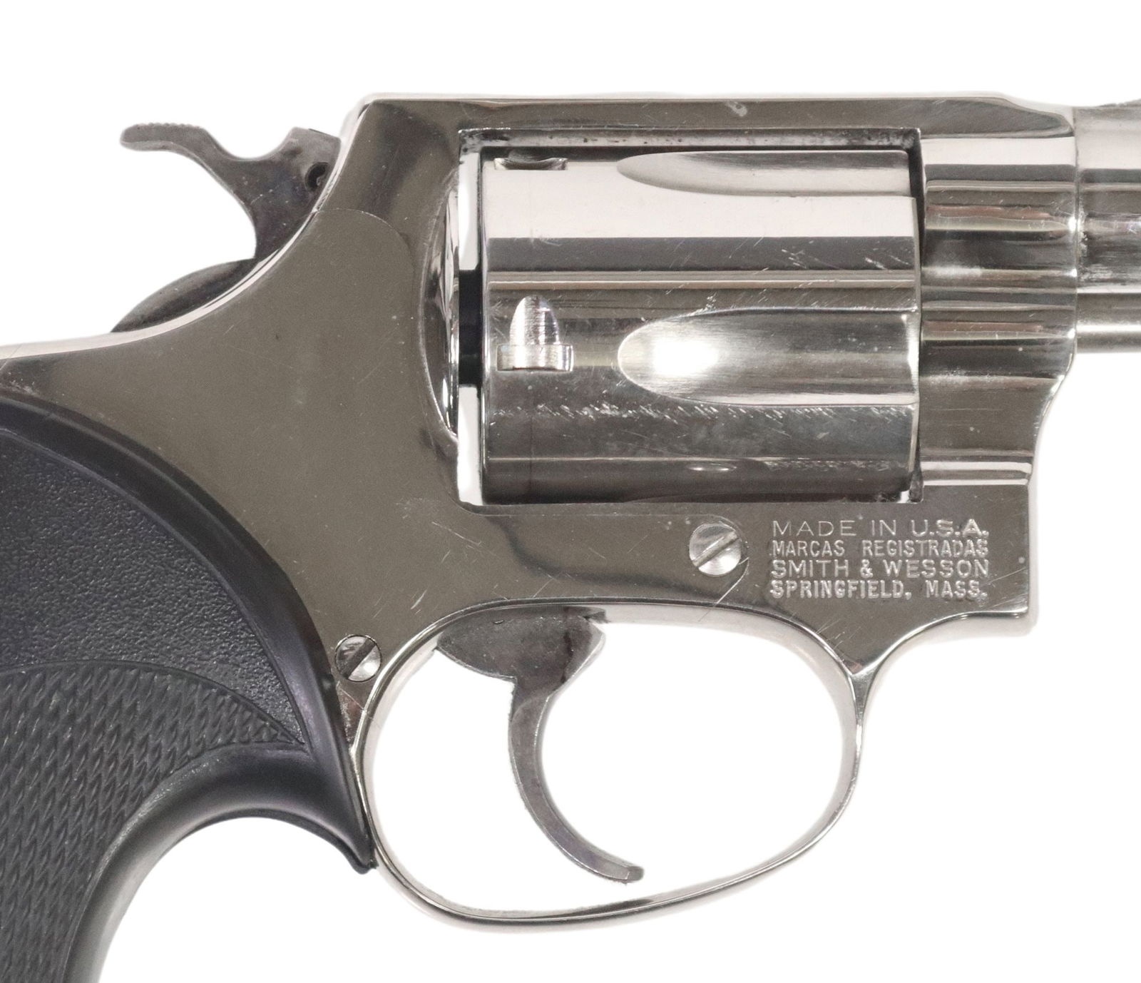 SMITH & WESSON AIRWEIGHT .38 REVOLVER,: Smith & Wesson Model 37-2 Airweight Revolver, double action, .38SPL caliber, 1.75" barrel, ramp front sight, 5 round swingout cylinder, black checkered hard rubber grips, nickel finish with l