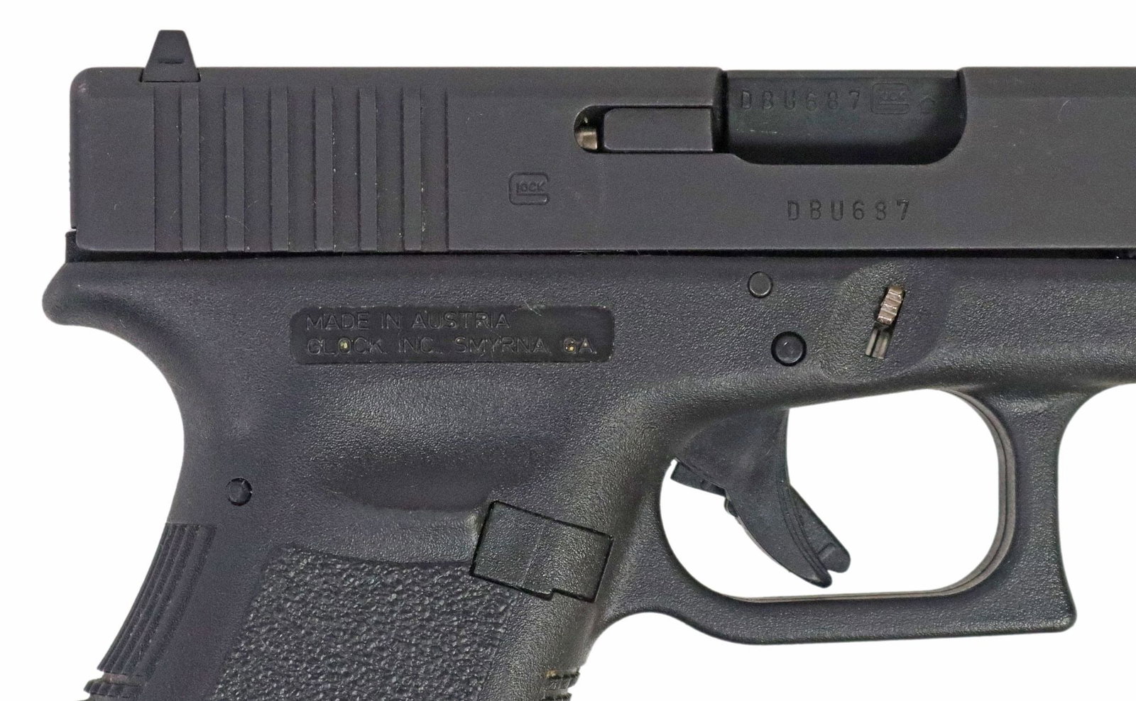 GLOCK MODEL 23C GEN 3 PISTOL, .40 CALIBER: Glock Model 23C Pistol, Gen. 3, .40 caliber, 4" barrel, white accented front and rear sights, lacks magazine, light scratching at slide, action good, bore is bright, rifling with wear, SN DBU687U