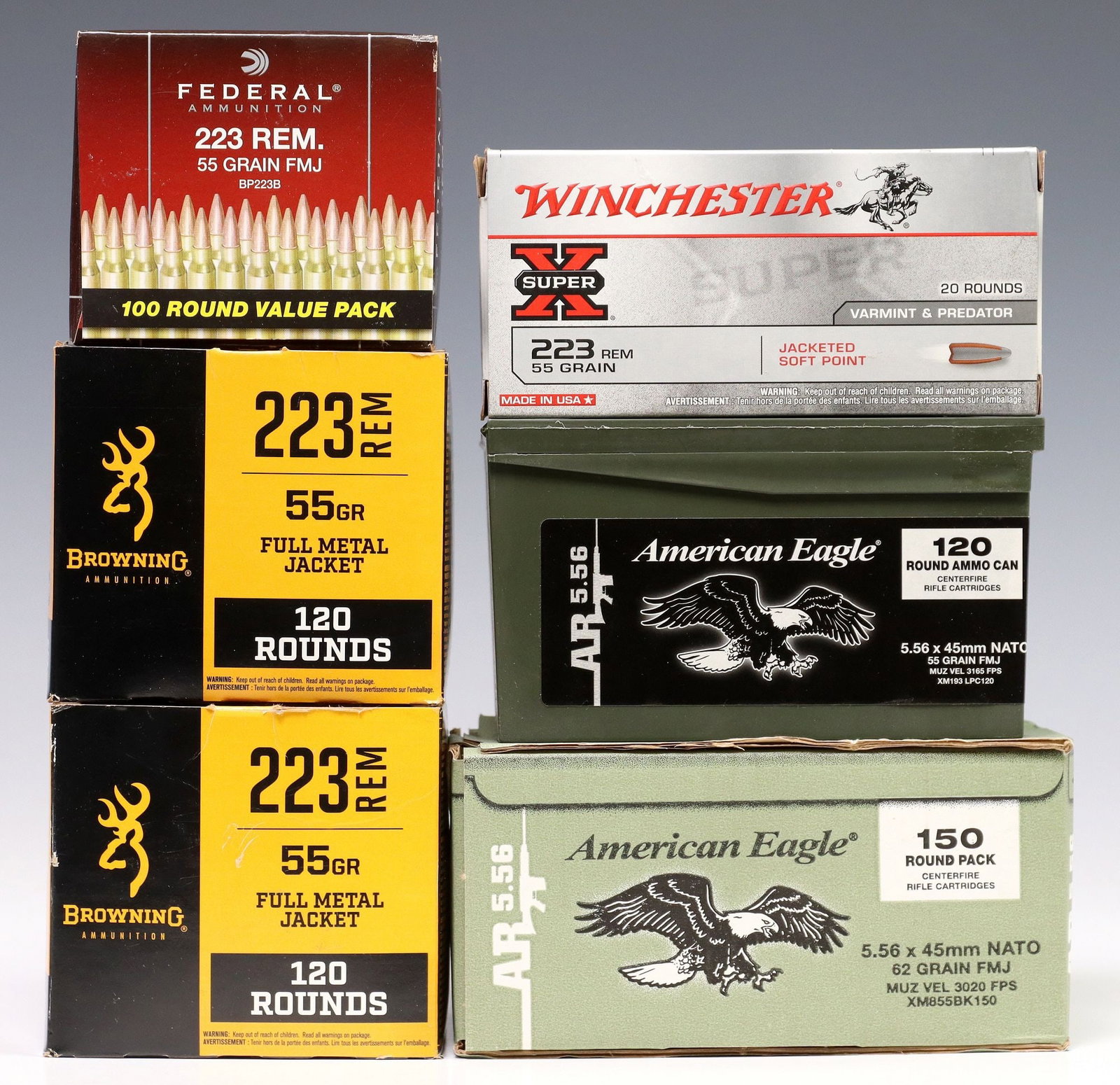 (630) AMMO, .223 & 5.56 CARTRIDGES: (lot of 630 rounds) Ammunition: ( 240) Browning .223 Rem, 55gr, FMJ; (100) Federal .223 Rem, 55gr, FMJ; (20) Winchester Super X .223 Rem, 55gr, JSP; (120) American Eagle, 5.56 x 45mm NATO, 