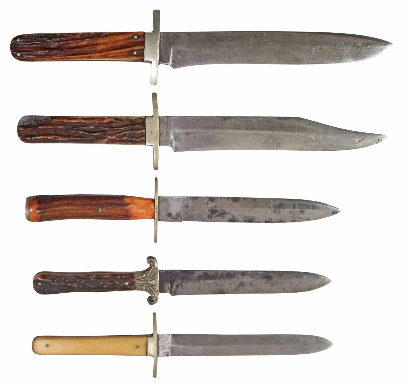 (5) SHEFFIELD FIXED BLADE KNIVES: (Lot of 5) Fixed blade knives: (1) G. Wostenhol & Son Washington Works Sheffield, blade marked IXL, 7.5" drop point blade,12.5" overall, brown stag handle; (1) Seal Brothers Sh