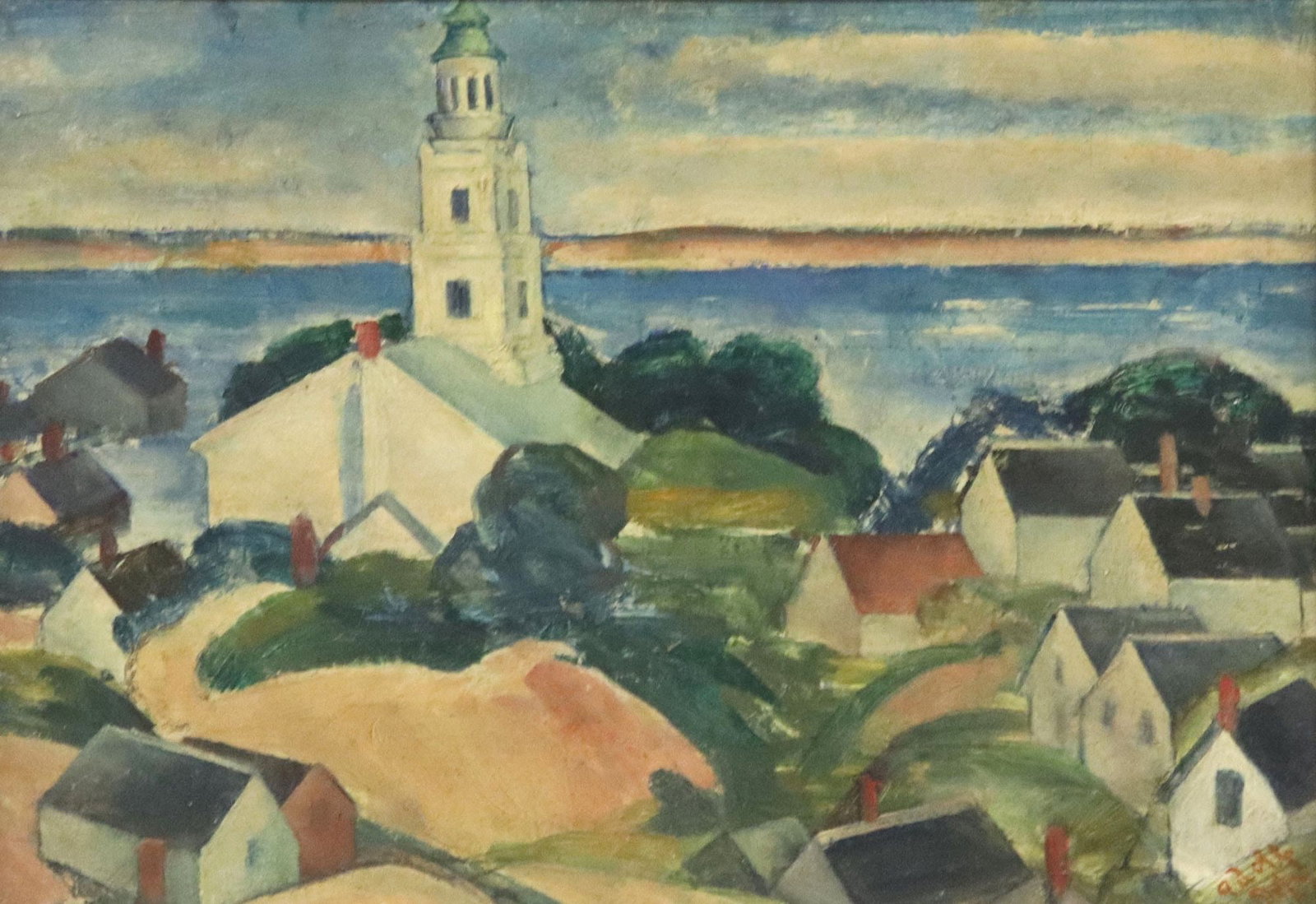 ADOLF DEHN (1895-1968) OIL PAINTING VIEW OF PROVINCETOWN, MA: Framed oil on board painting, Church Overlooking the Bay, Provincetown, Massachusetts, signed lower right Adolf Dehn (Adolf Arthur Dehn, American, 1895-1968), sight: approx 9.5"h, 13.5"w, ov