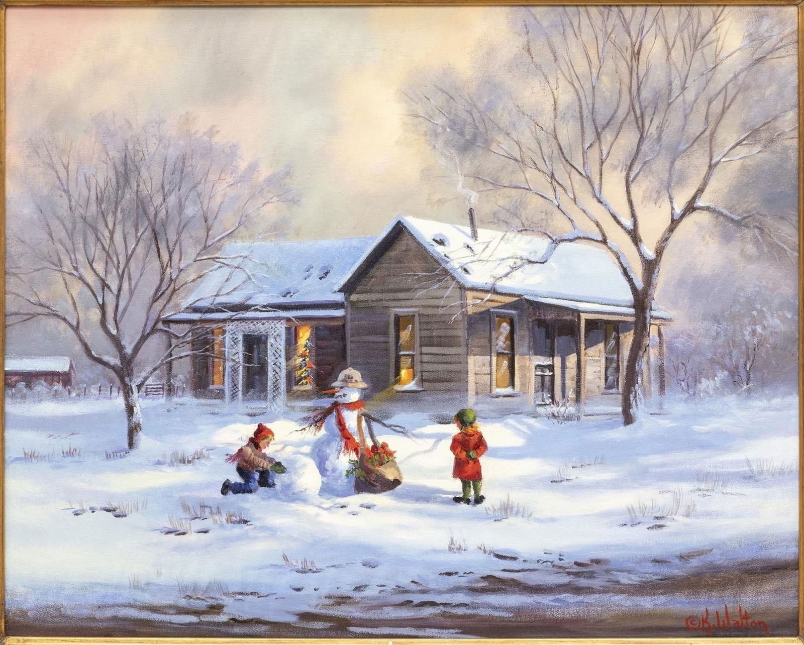 KAY WALTON (TX, 20TH C.) WINTER SCENE CHILDREN & SNOWMAN: Framed oil on canvas painting, Children and Snowman, signed lower right K. Walton (Kay Walton, Texas, 20th c.), sight: approx 23.25"h, 29.25"w, overall: 28.5"h, 35"w