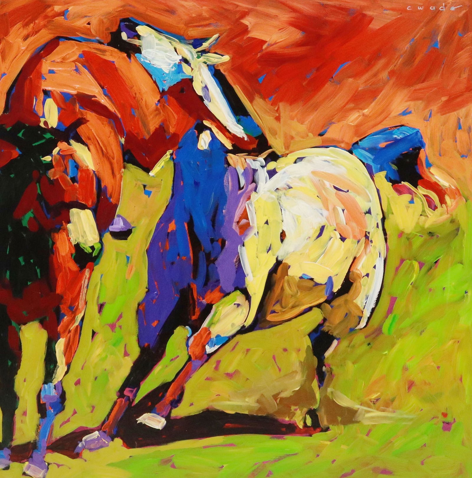 CAROLE WADE (20TH C.) CONTEMPORARY PAINTING HORSES, 36" X 36": Unframed acrylic on Masonite painting, "Wicked Kiss," signed upper right C. Wade (Carole Wade, American, 20th c.), signed again, titled, and dated 2006 verso, approx 36"h, 36"w, 11lbs