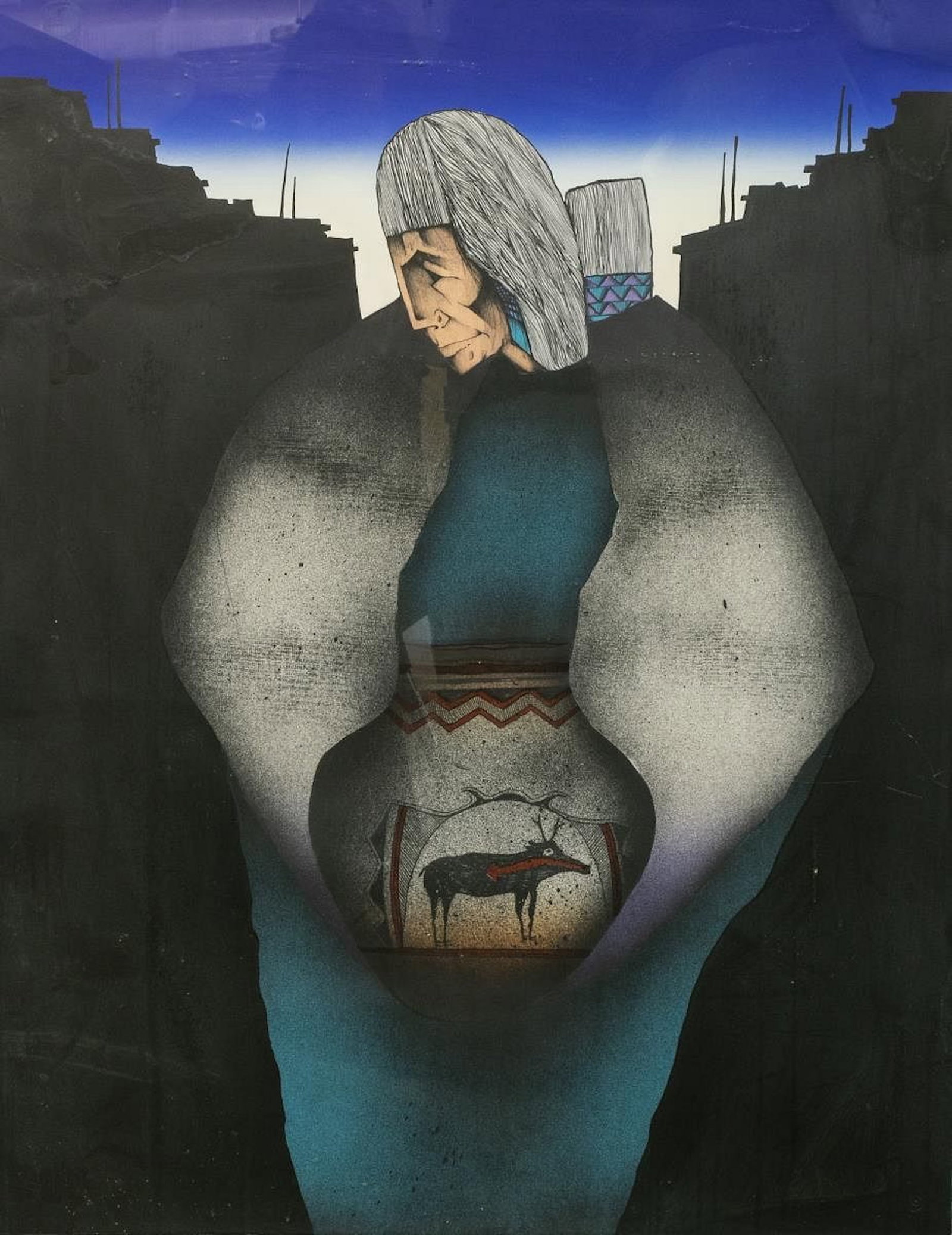 AMADO PENA (B.1943) LTD ED LITHOGRAPH 'OLLA DEL VENADO': Framed lithograph in colors on paper, "Olla Del Venado," signed lower right Amado Pena (Amado Maurillo Pena, Arizona, b.1943), numbered 1/ 5, sight: approx 34"h, 26"w, overall: app