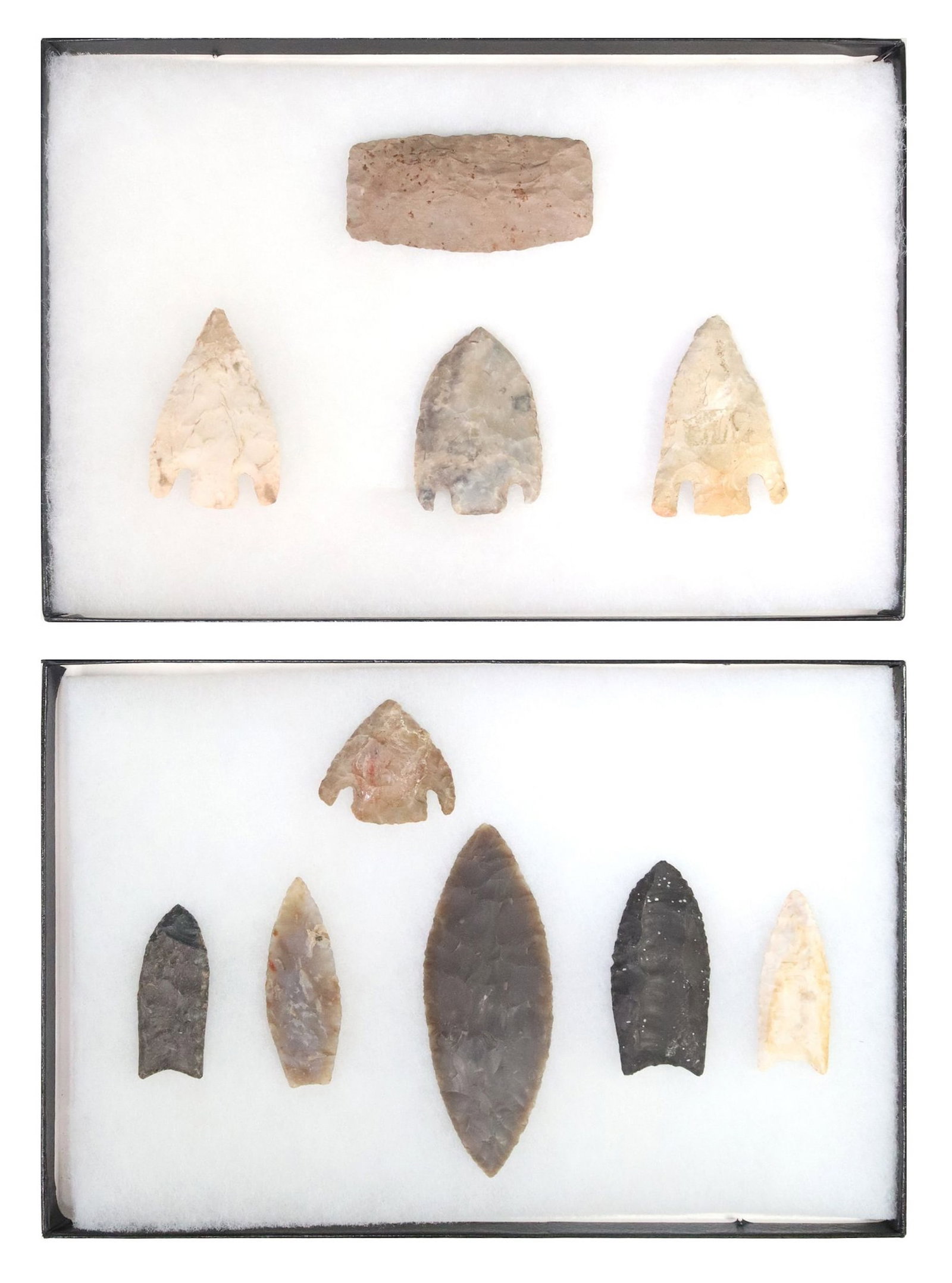 (10) STONE TOOLS, SPEAR POINTS & ARROWHEADS: (lot of 10) Stone arrowheads, spear points, and tools, including (one) square end knife, Graves County, Kentucky, accompanied by certificate of authenticity, largest: approx 5"l, 1 7/8"w, al