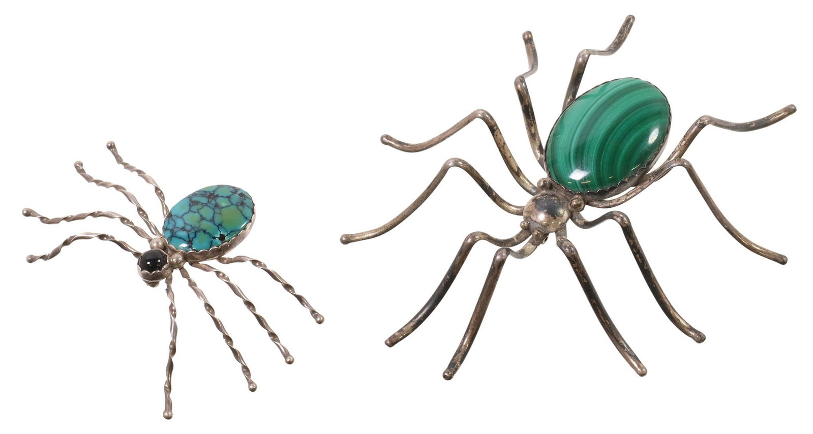 (2) NAVAJO & SOUTHWEST STYLE STERLING SPIDER BROOCHES: (lot of 2) Native American and southwest style sterling silver spider brooches, including: (1) larger brooch, E. Spencer (Esther Spencer, Navajo/ Dine, 20th c.), cabochon malachite in a scalloped beze