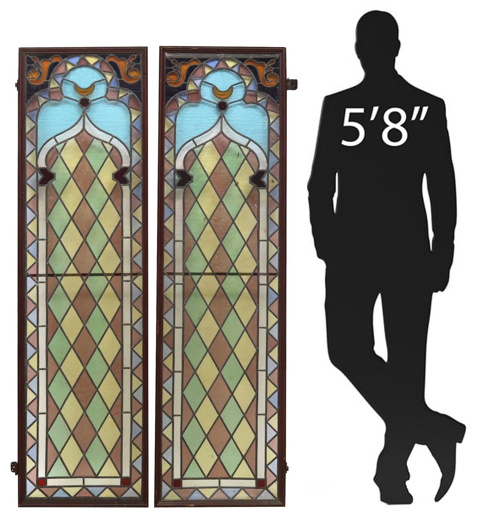 (2) CONTINENTAL STAINED & LEADED GLASS ARCHITECTURAL WINDOWS: (pair) Continental stained and leaded glass architectural windows, early 20th c., each housed in rectangular wood frame, polychrome textured glass with geometric patterns, each: approx 65.5&