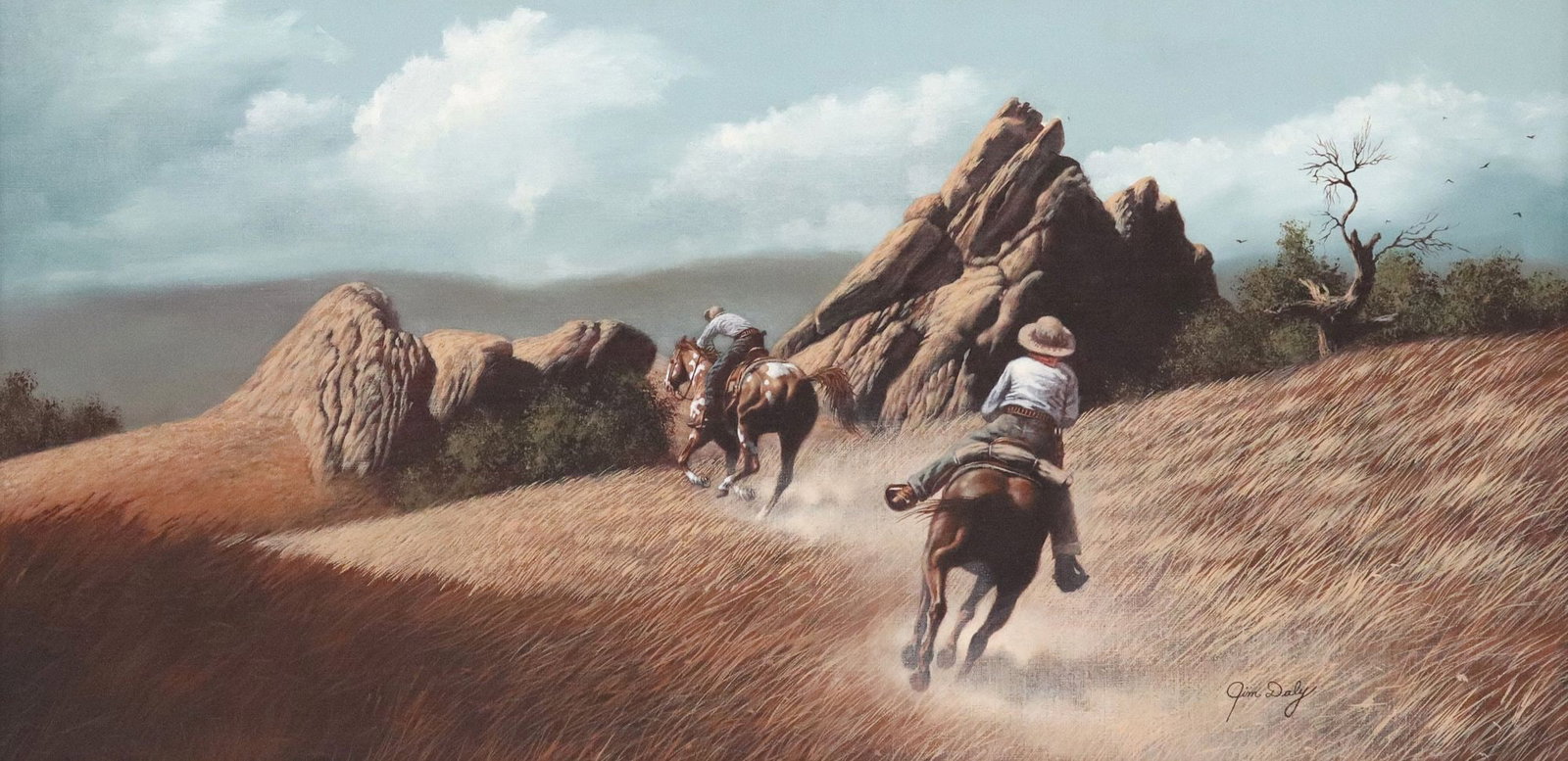 JIM DALY (B.1940) WESTERN PAINTING 'RIDING HIGH' 18" X 36": Framed oil on canvas painting, "Riding High," signed lower right Jim Daly (American, b.1940), titled on back stretcher, signed again and dated 1973 verso canvas, sight: approx 17.5"h, 3