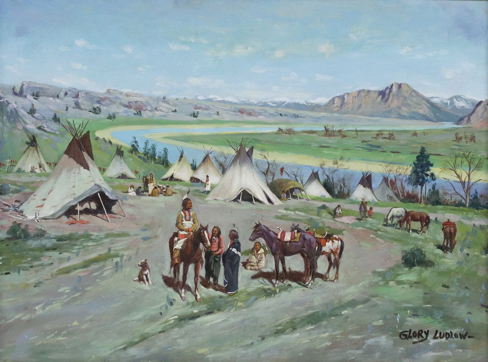 GARY LOU LUDLOW (20TH C.) WESTERN PAINTING, NATIVE AMERICAN CAMP: Framed oil on board painting, Native American Settlement, signed lower right Glory Ludlow (Glory Lou Ludlow, American, 20th c.), sight: approx 11.5"h, 15.5"w, overall: approx 23.25"h, 2