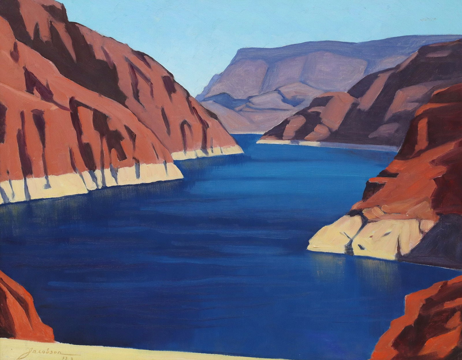 OSCAR BROUSSE JACOBSON (1882-1966) PAINTING LAKE MEAD, 1953: Framed oil on canvas painting, "Deep Water (Lake Mead Hoover Dam)," signed lower left Jacobson (Oscar Brousse Jacobson, Swedish-born American, active in Oklahoma and Kansas, 1882-1966), dated [19]53, 