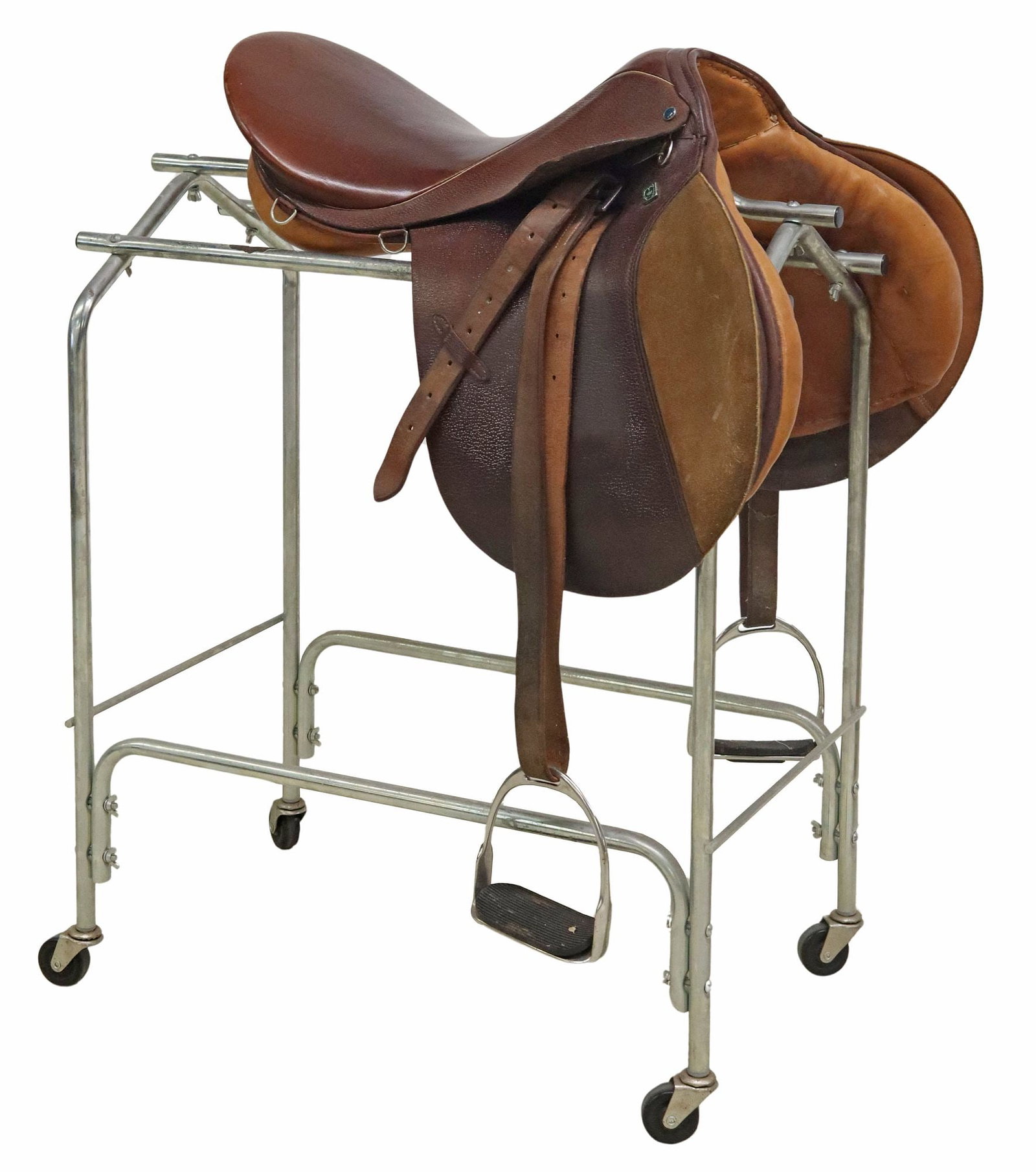 STUBBENÂ SIEGFRIED LEATHER ENGLISH STYLE ALL PURPOSE SADDLE: English-style leather saddle, Stubben, made in Switzerland, serial number A71991, seat size: approx 19", tree size stamped: 31.5 cm, brass plaque with previous owner's name **SADDLE STAND NOT