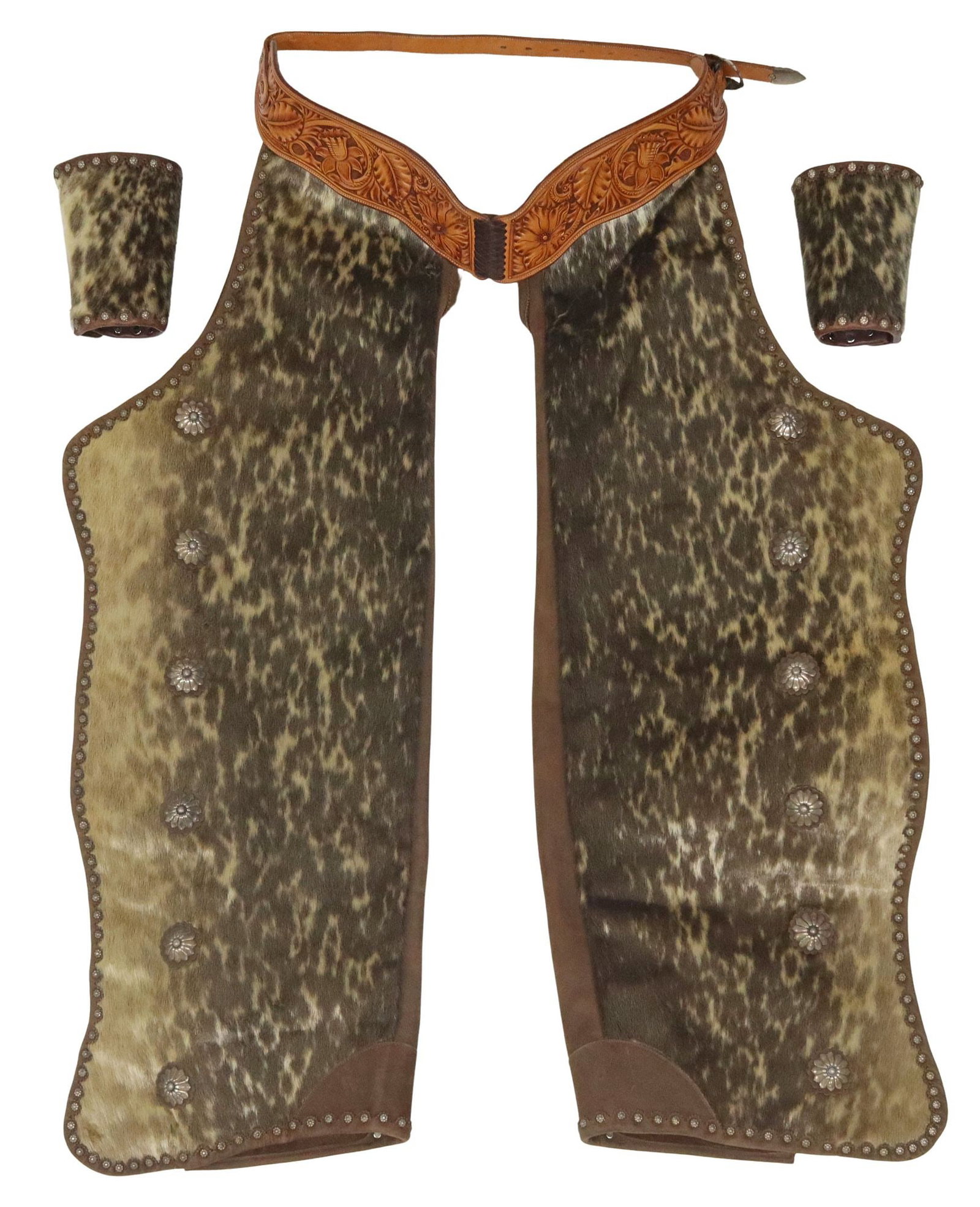 (2) GREG GOMERSAL WESTERN LEATHER & SPOTTED HIDE CHAPS & WRIST CUFFS: (lot of 2) Western leather and spotted hide show chaps and wrist cuffs, Greg Gomersall, Ontario, Canada, late 20th/ 21st c., each with silver (content unknown) studded trim, stamped maker's m